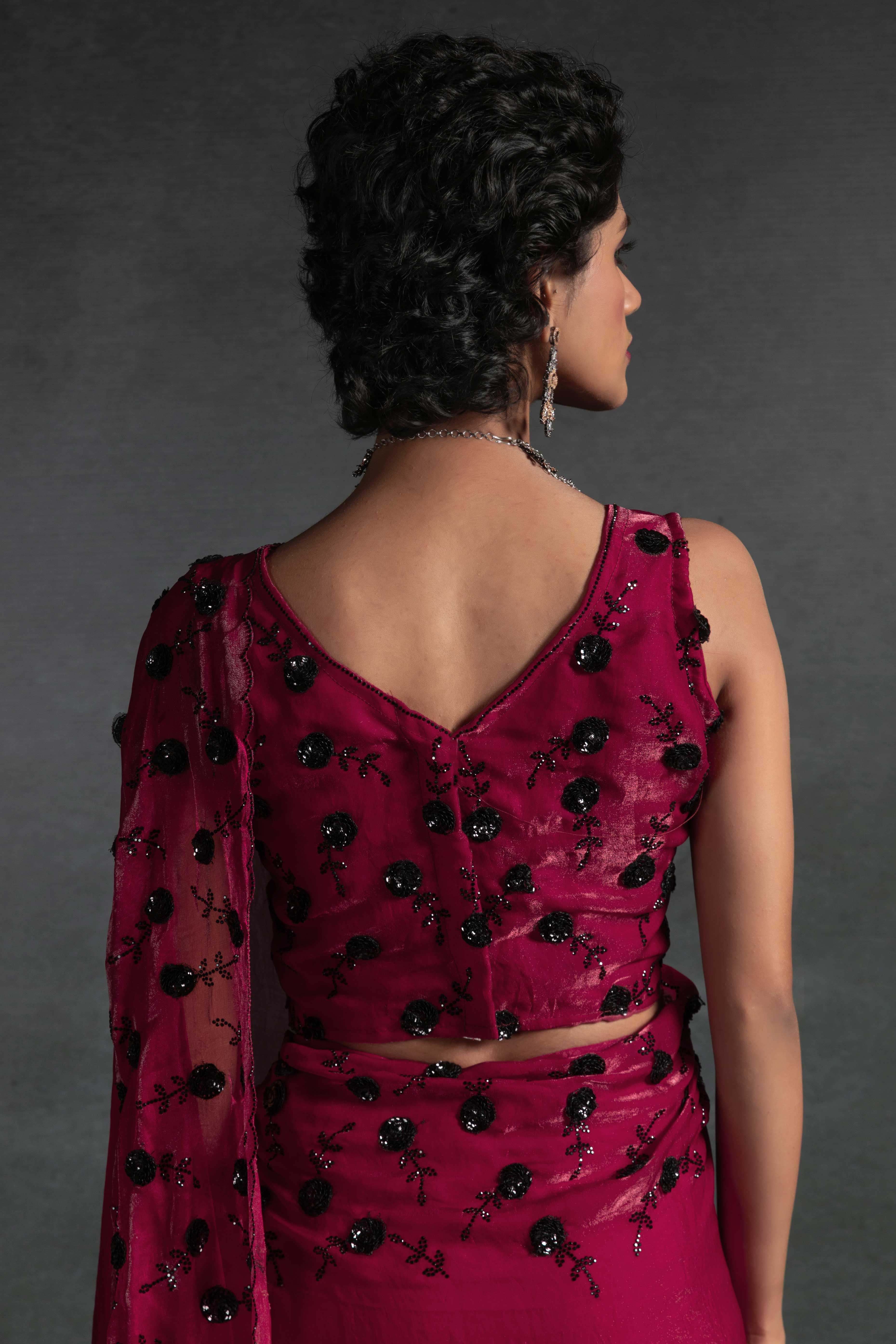 Ruby Pink Satin Saree with Stone and Sequin Embellishment