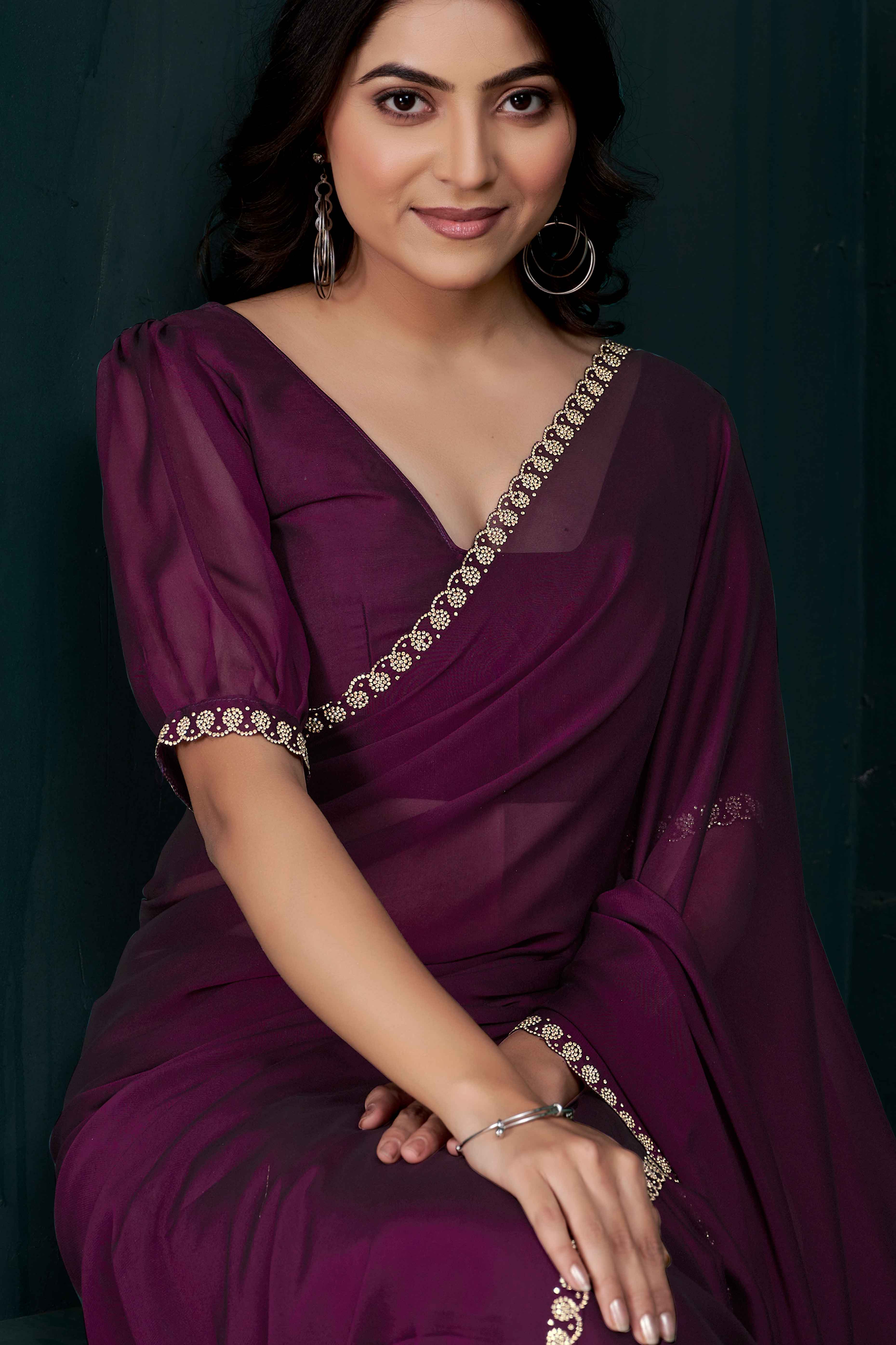 Wine Crepe Silk Solid Saree with Elegant Zarkan Border Detailing