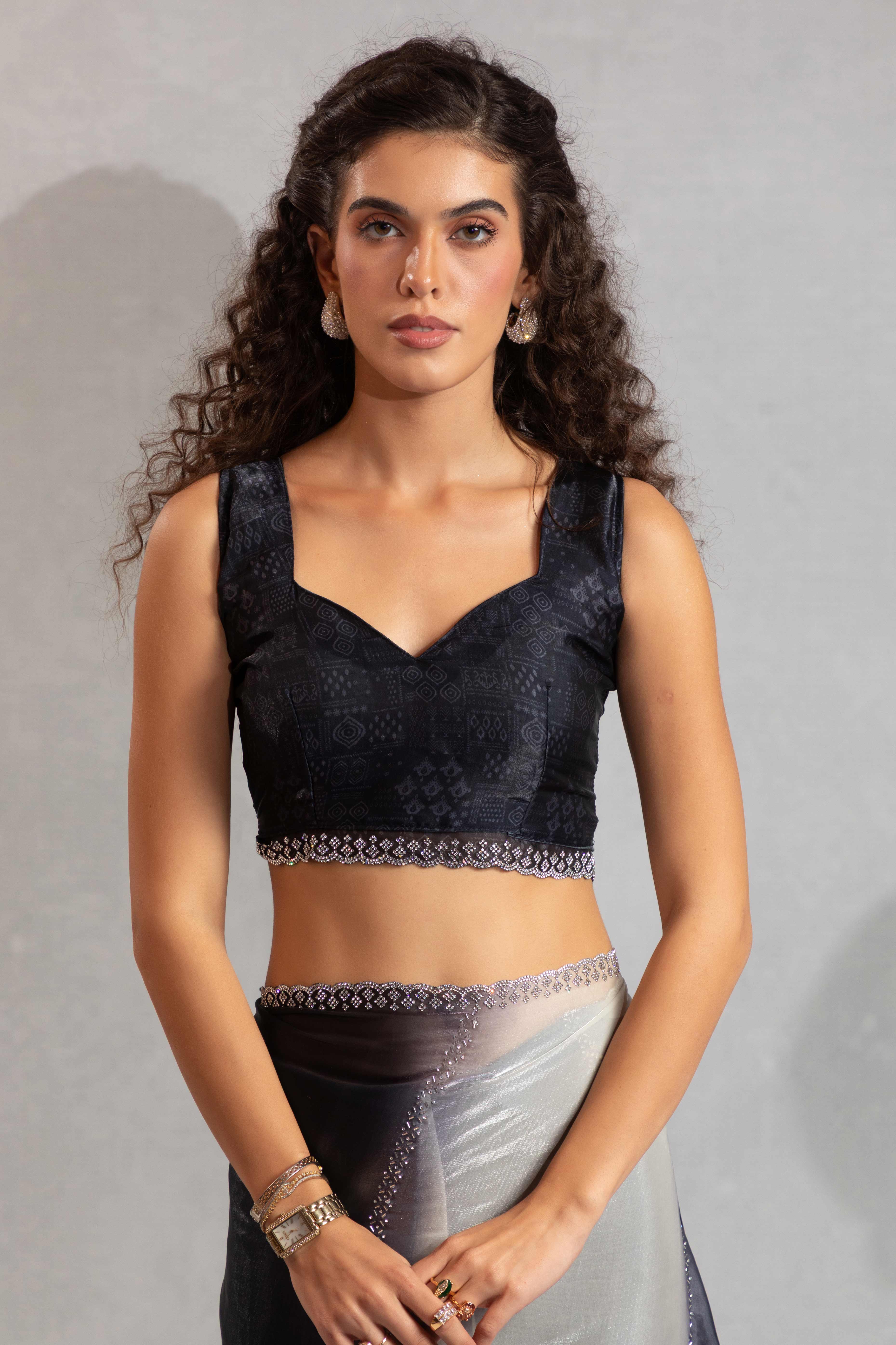 Black & Off White Satin Silk Saree Decorated With Stone Embellishments