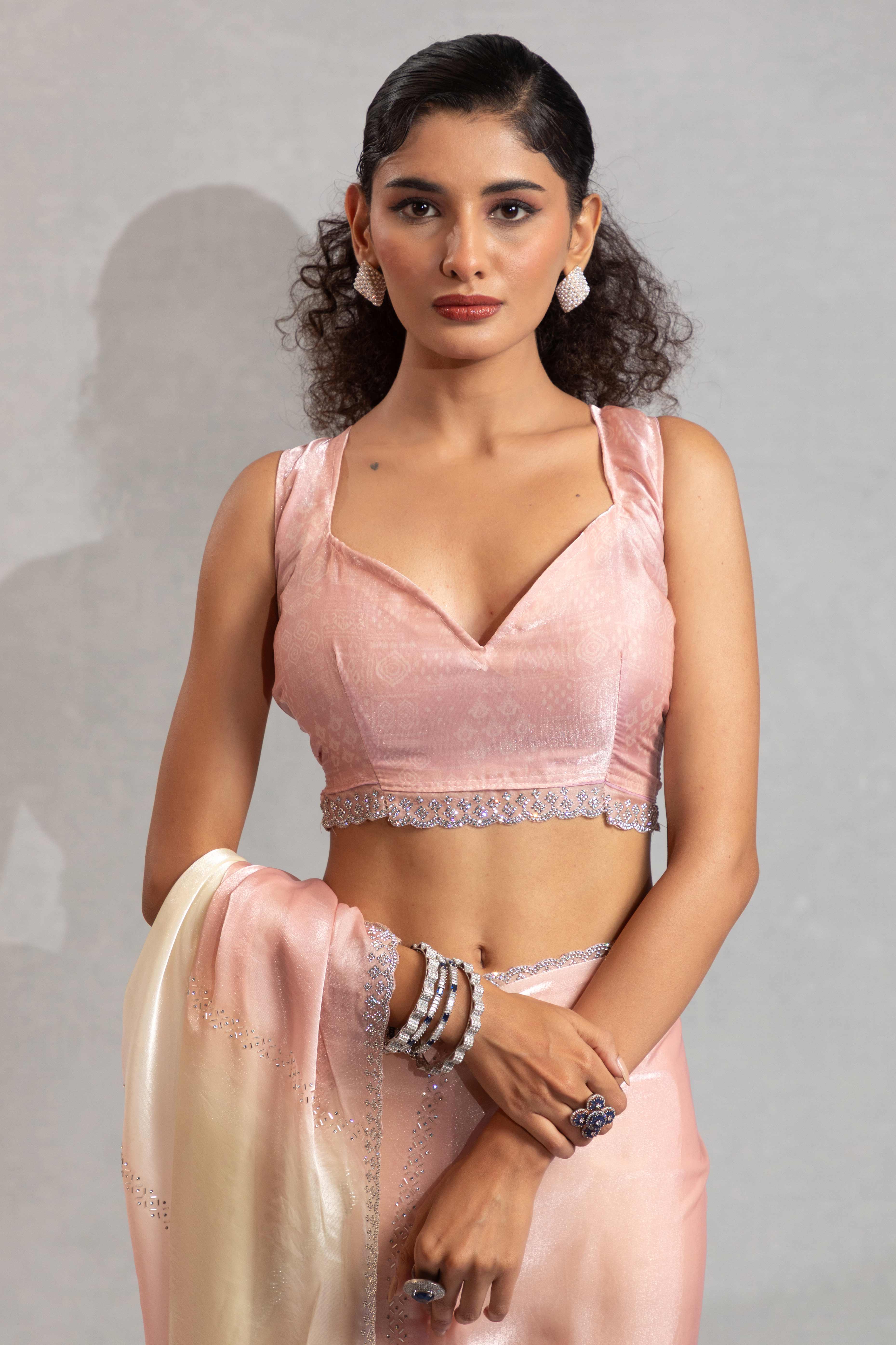 Light Coral & Off White Satin Silk Saree Decorated With Stone Embellishments