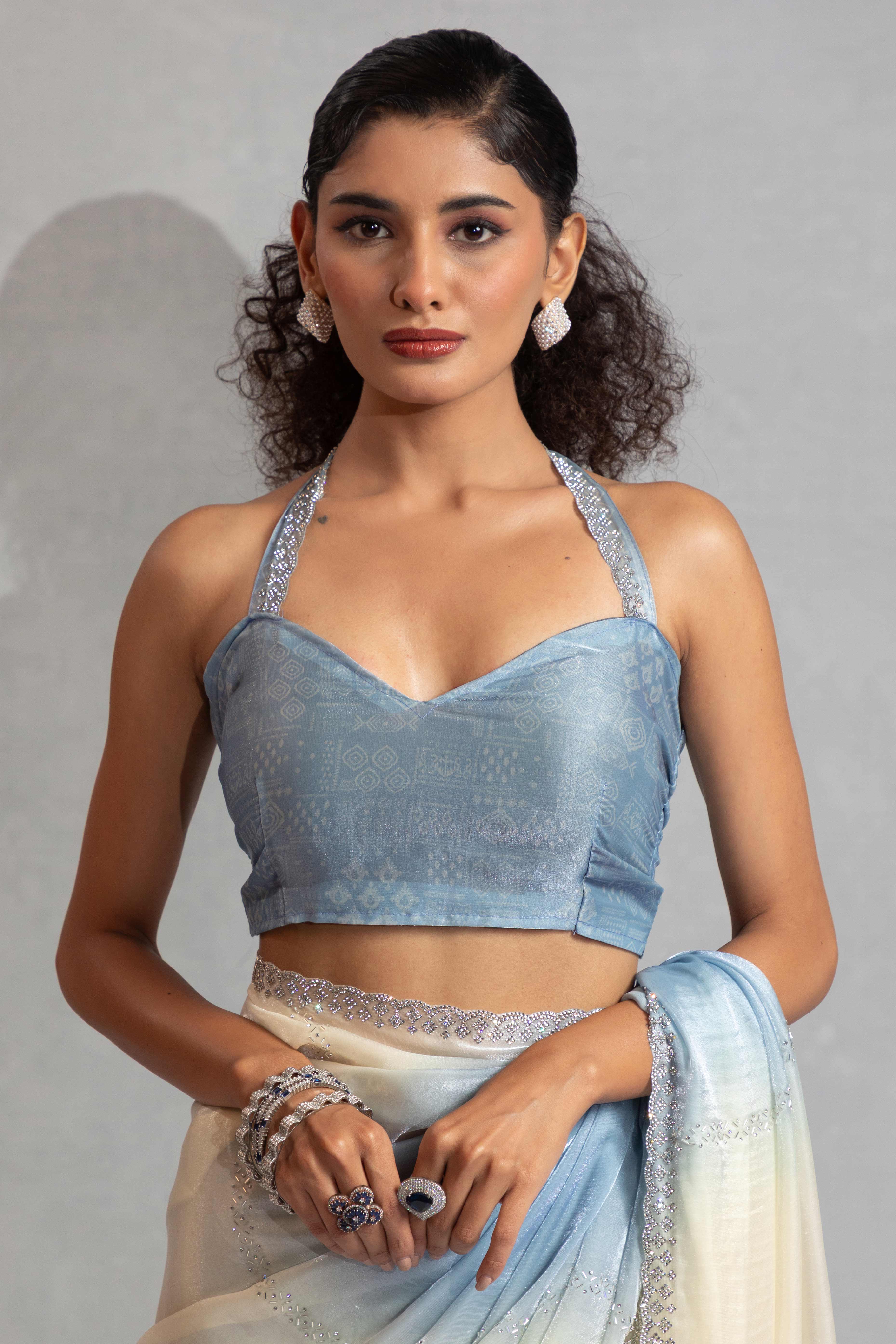 Blue & Off White Satin Silk Saree Decorated With Stone Embellishments