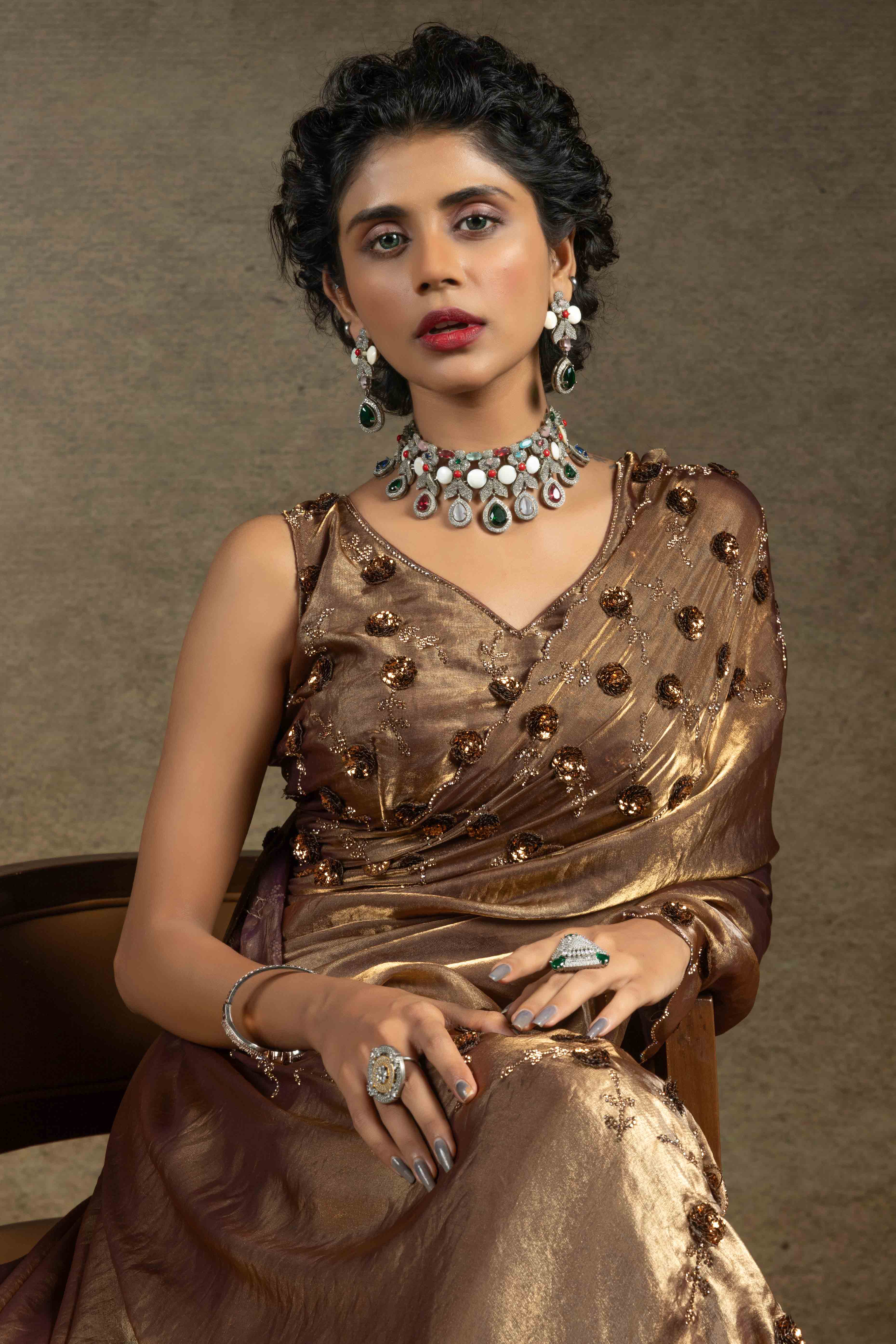 Golden Zarkan With Sequin & Beads Work Satin Silk Two Tone Saree