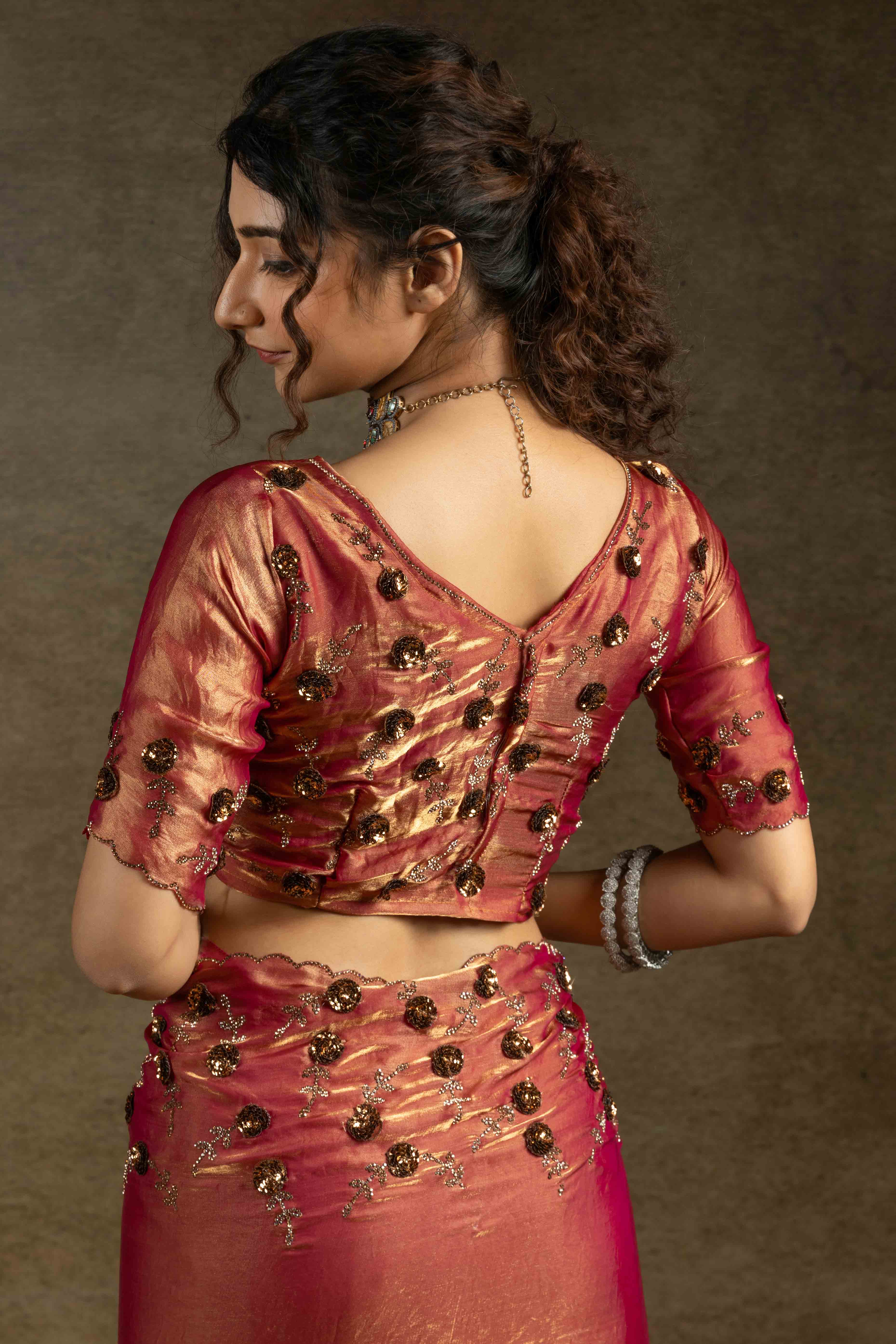 Brick Red Zarkan With Sequin & Beads Work Satin Silk Two Tone Saree