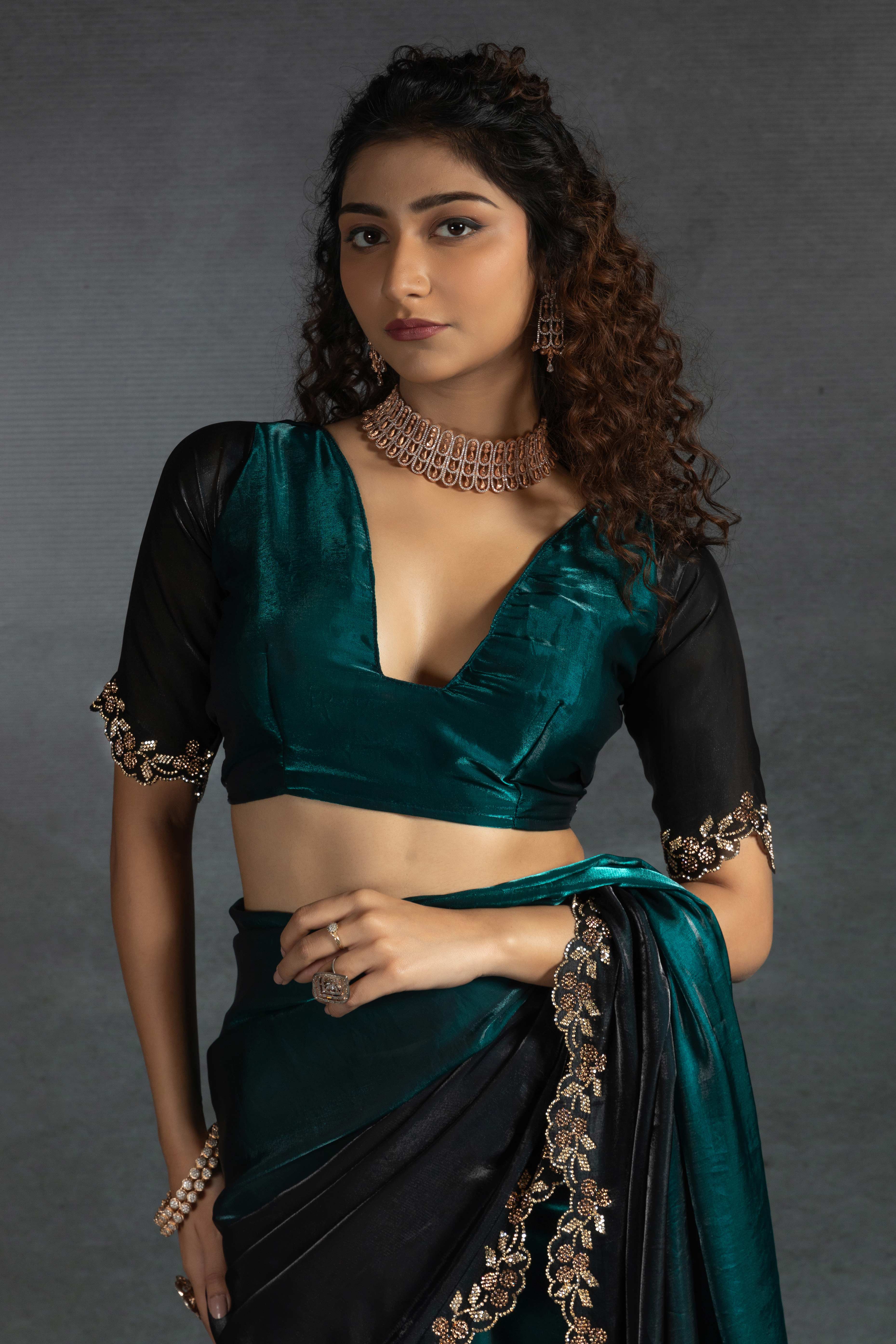 Teal Satin Silk Two Tone Saree with Intricate Zarkan Embellishments