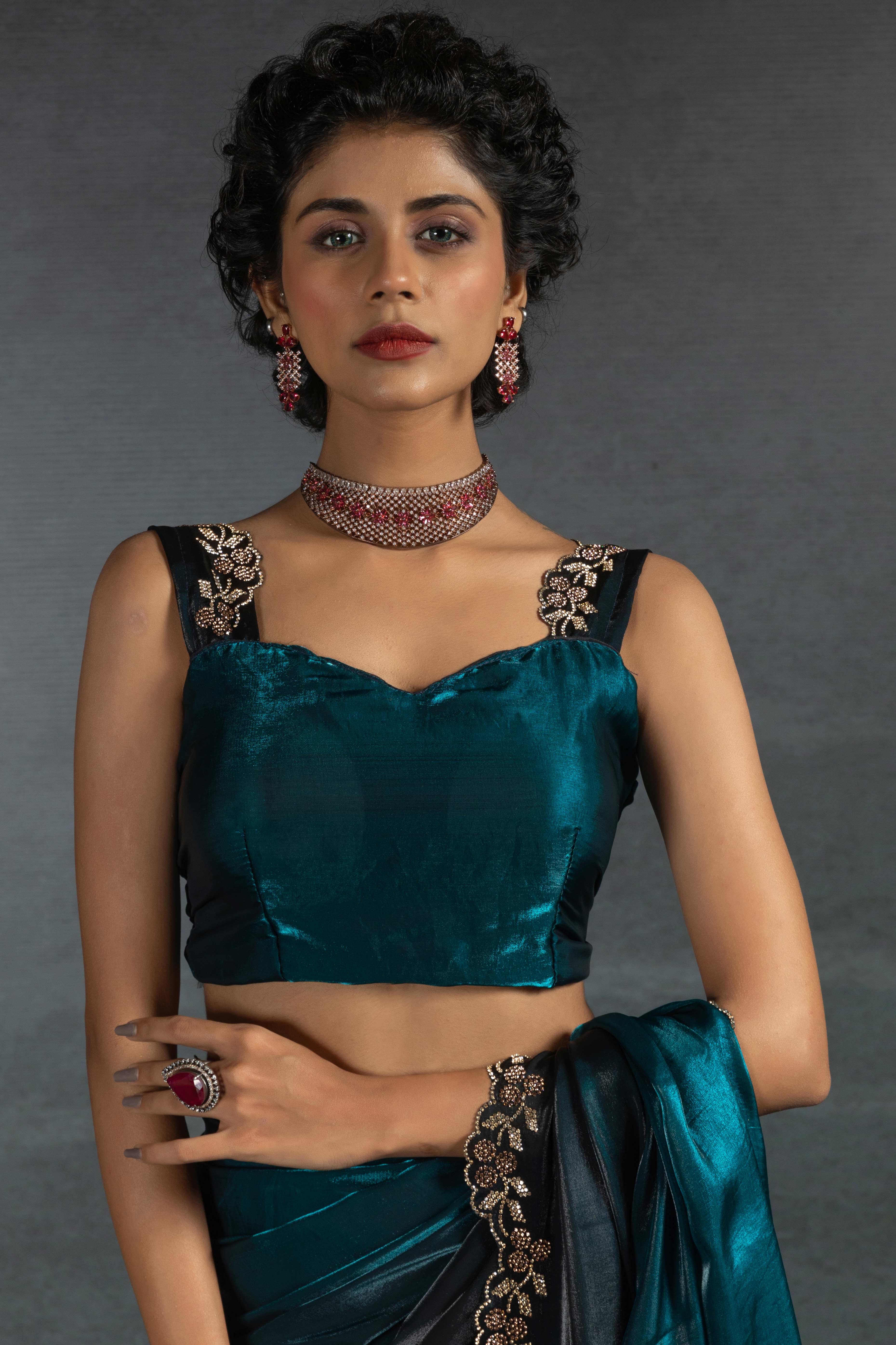 Morpich Blue Satin Silk Two Tone Saree with Intricate Zarkan Embellishments