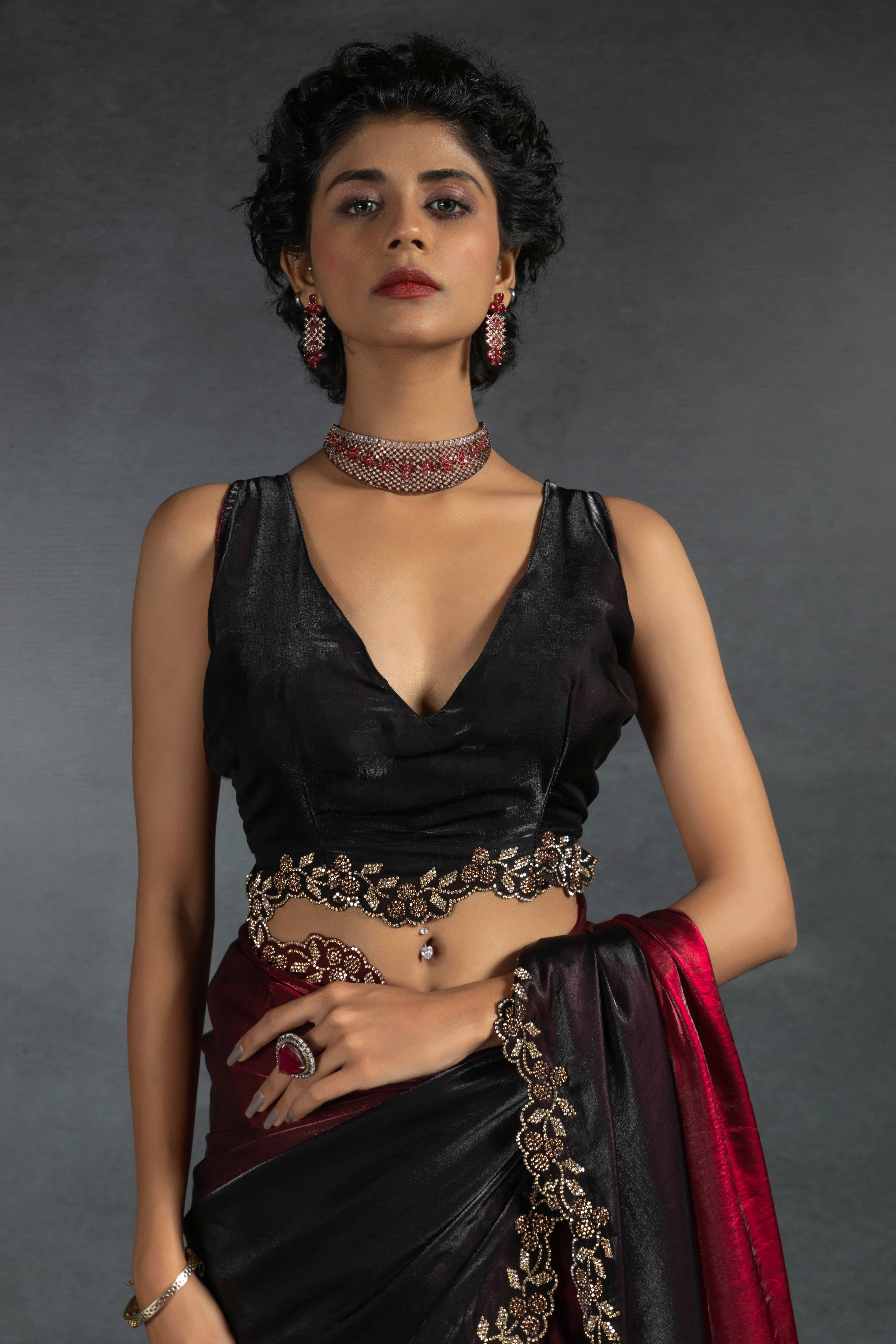 Cherry Red Satin Silk Two Tone Saree with Intricate Zarkan Embellishments