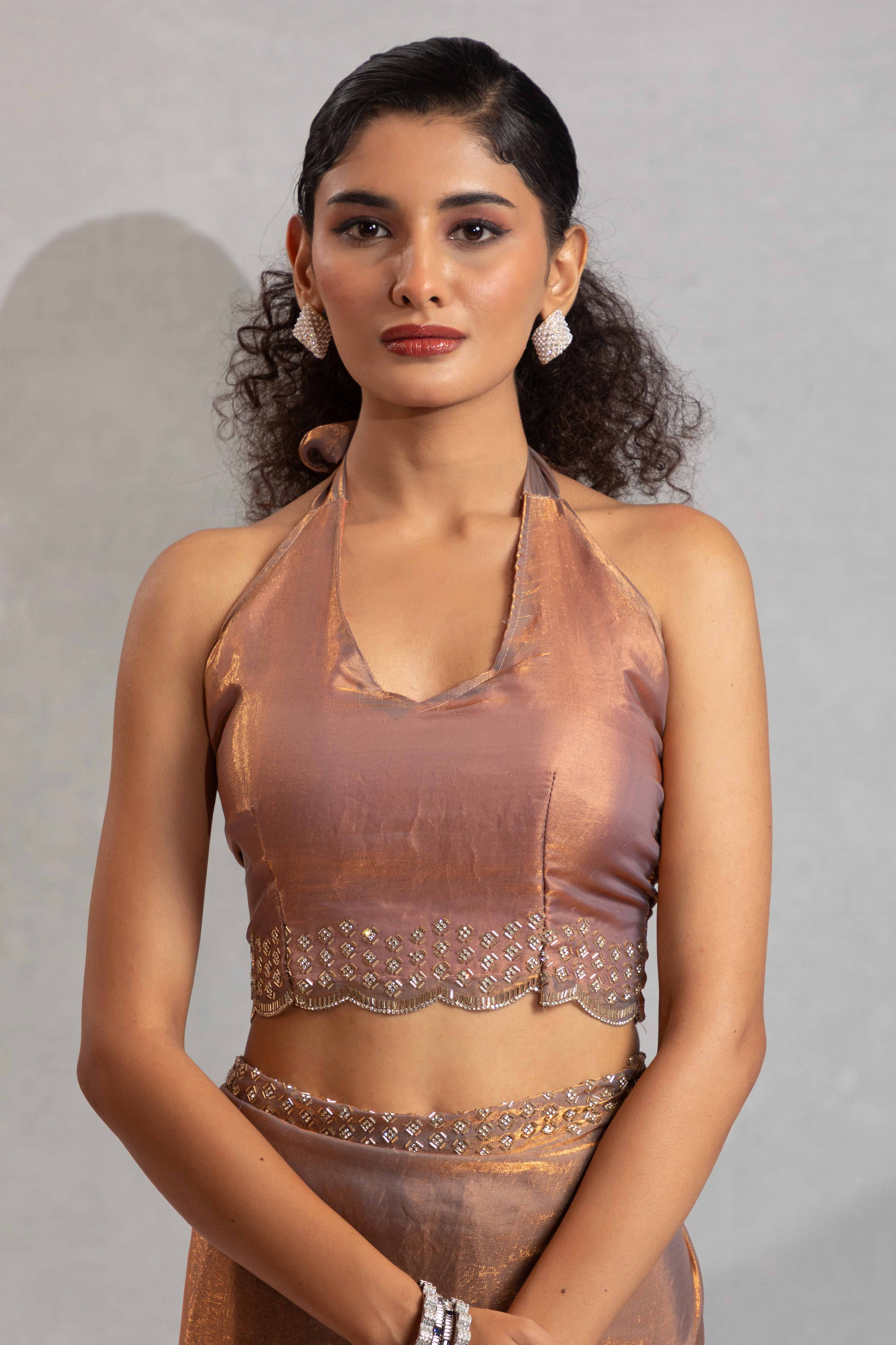 Brown Satin Saree with Glamorous Stone Embellishment