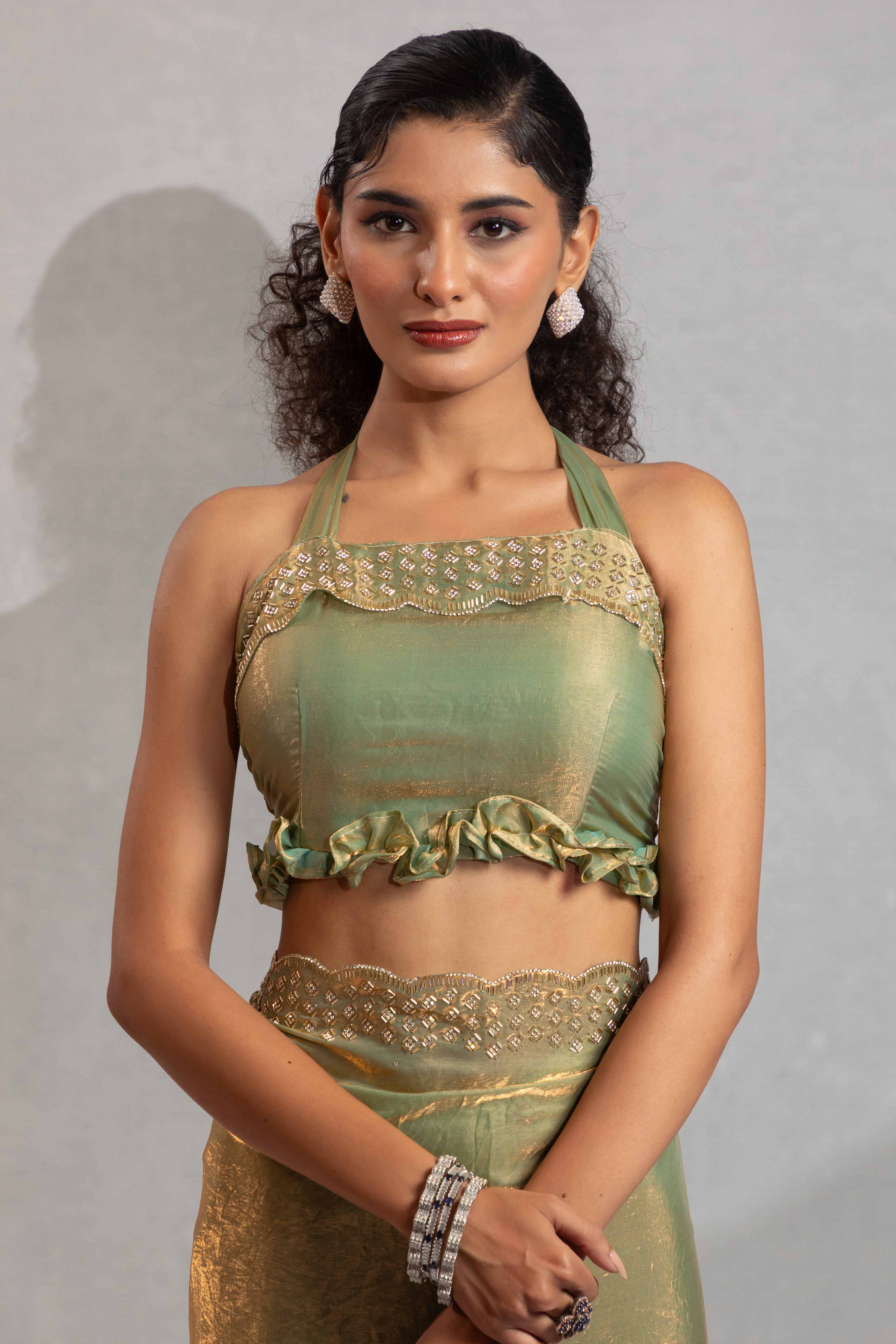 Pista Green Satin Saree with Glamorous Stone Embellishment
