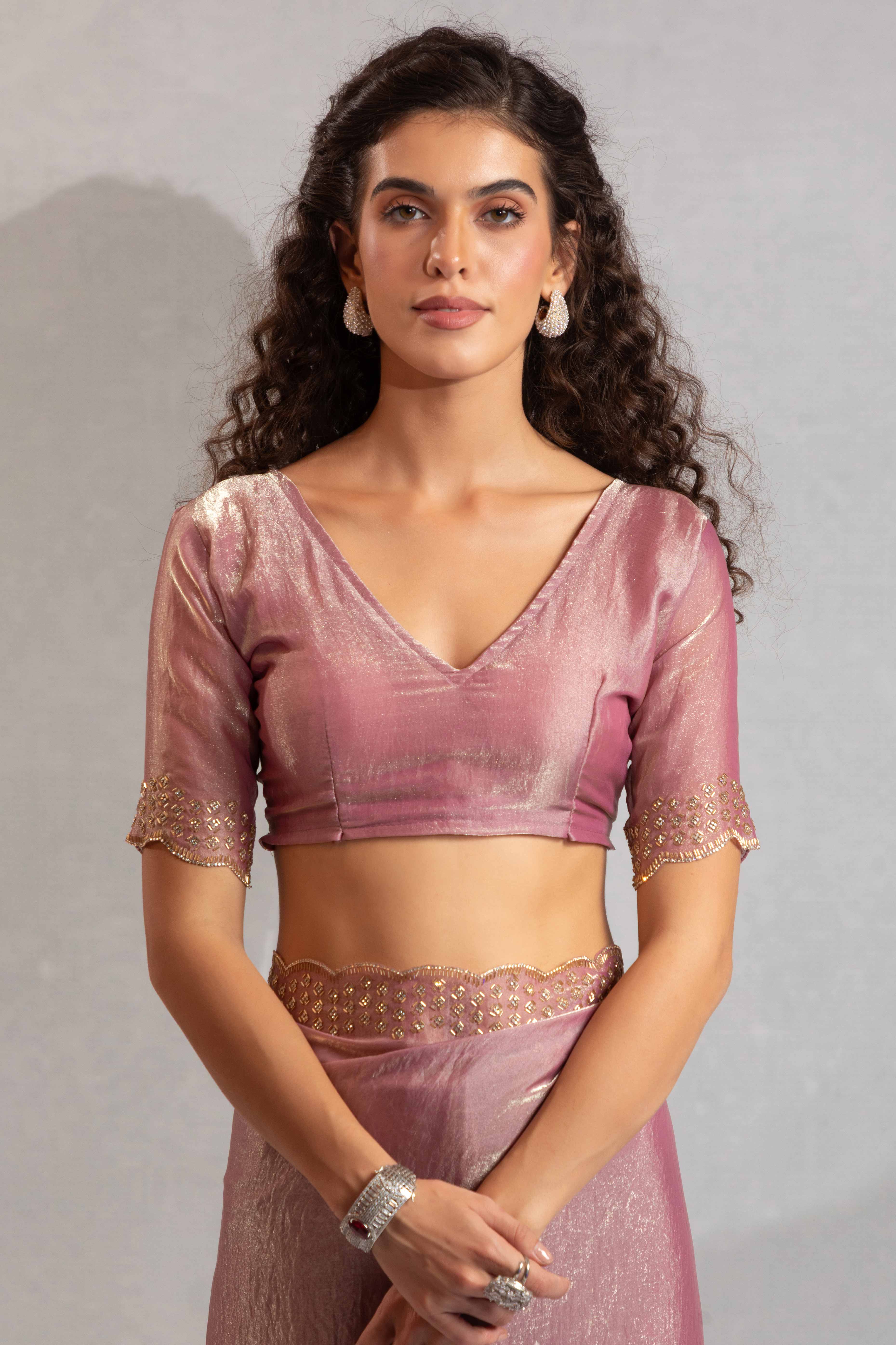 Baby Pink Satin Saree with Glamorous Stone Embellishment