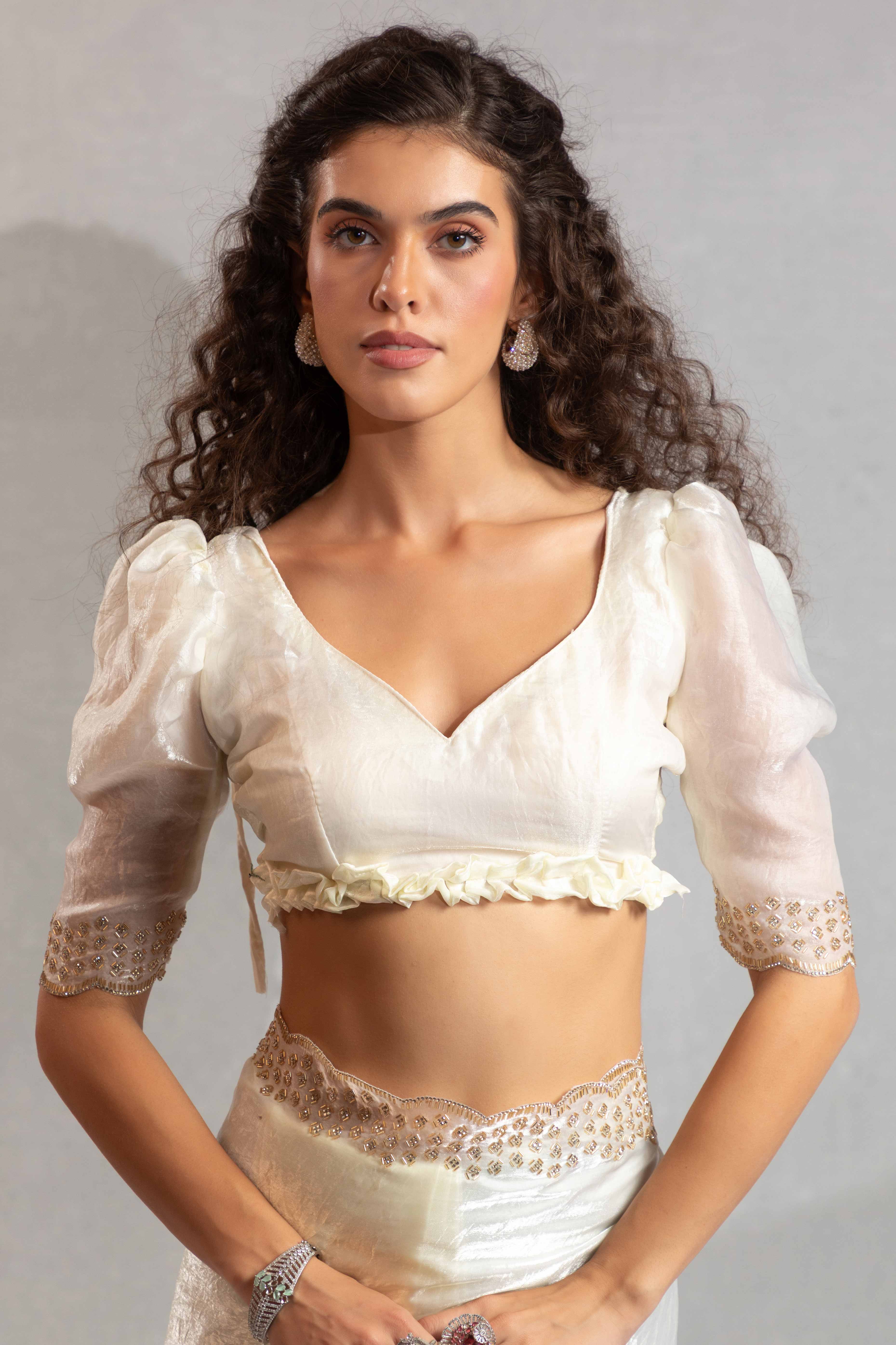 White Satin Saree with Glamorous Stone Embellishment