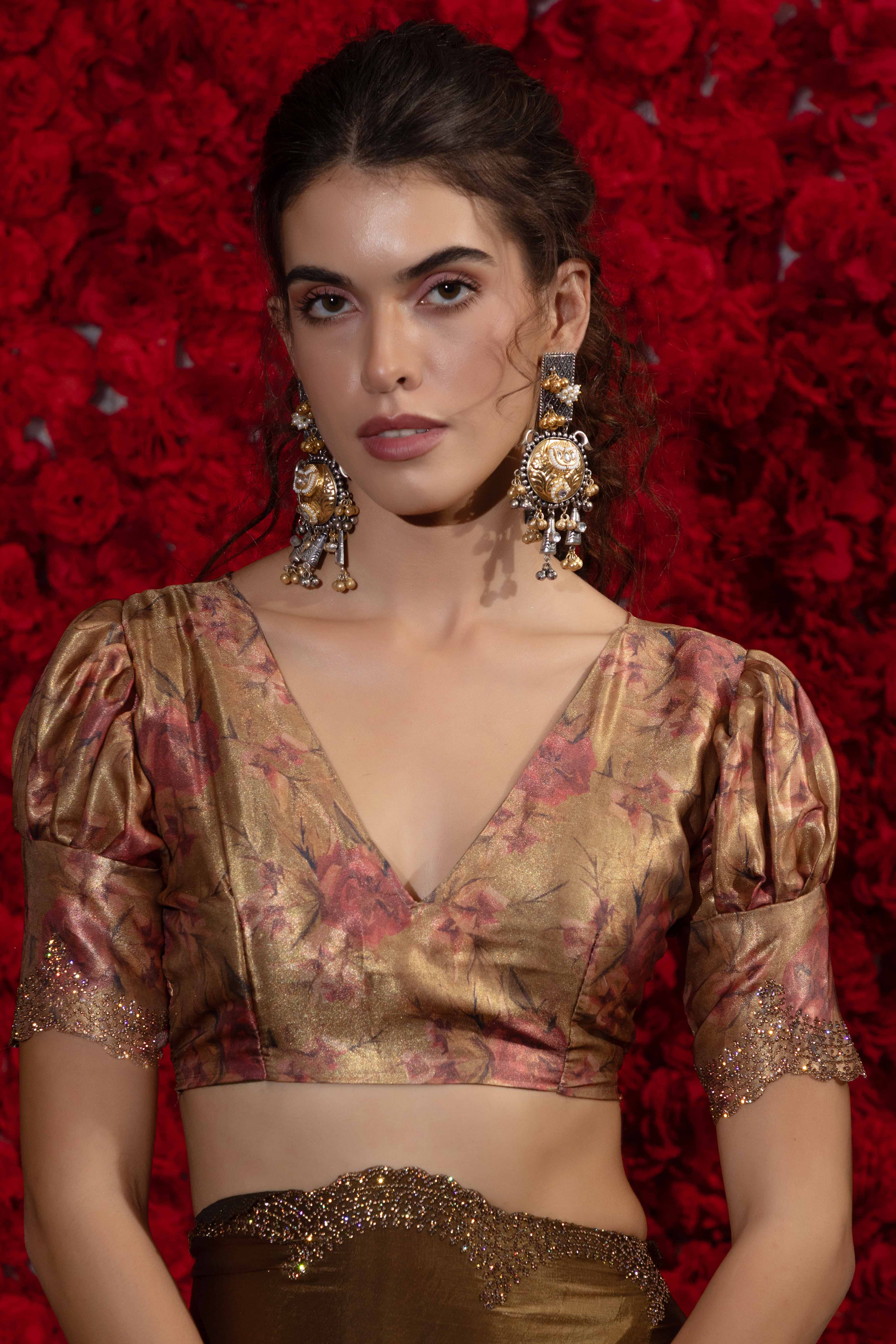 Crushed Satin Silk Embellished Saree in Gold with Sparkling Stone Work