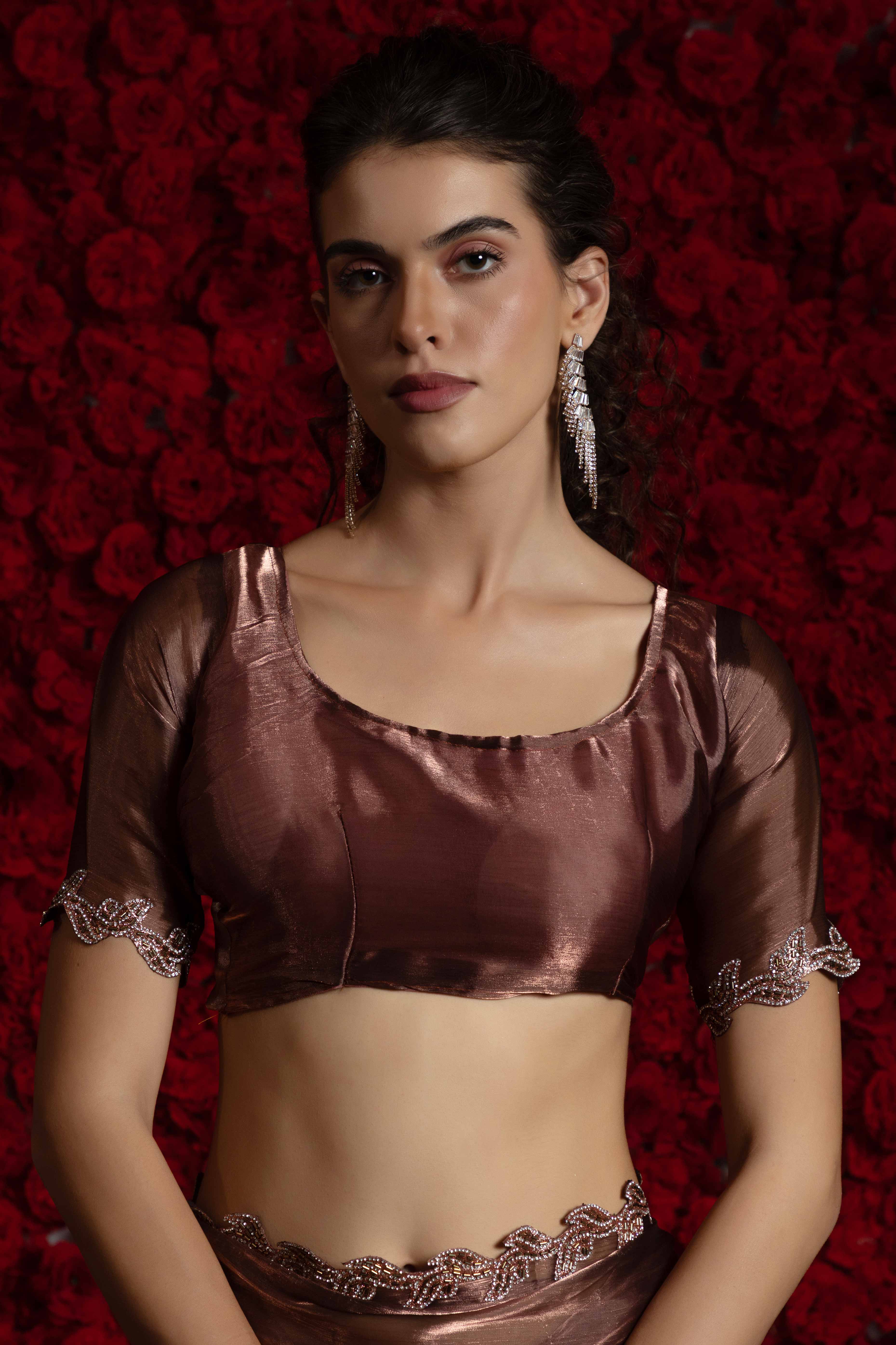 Brown Party Wear Saree Stone Embellished Tissue Chiffon Fabric