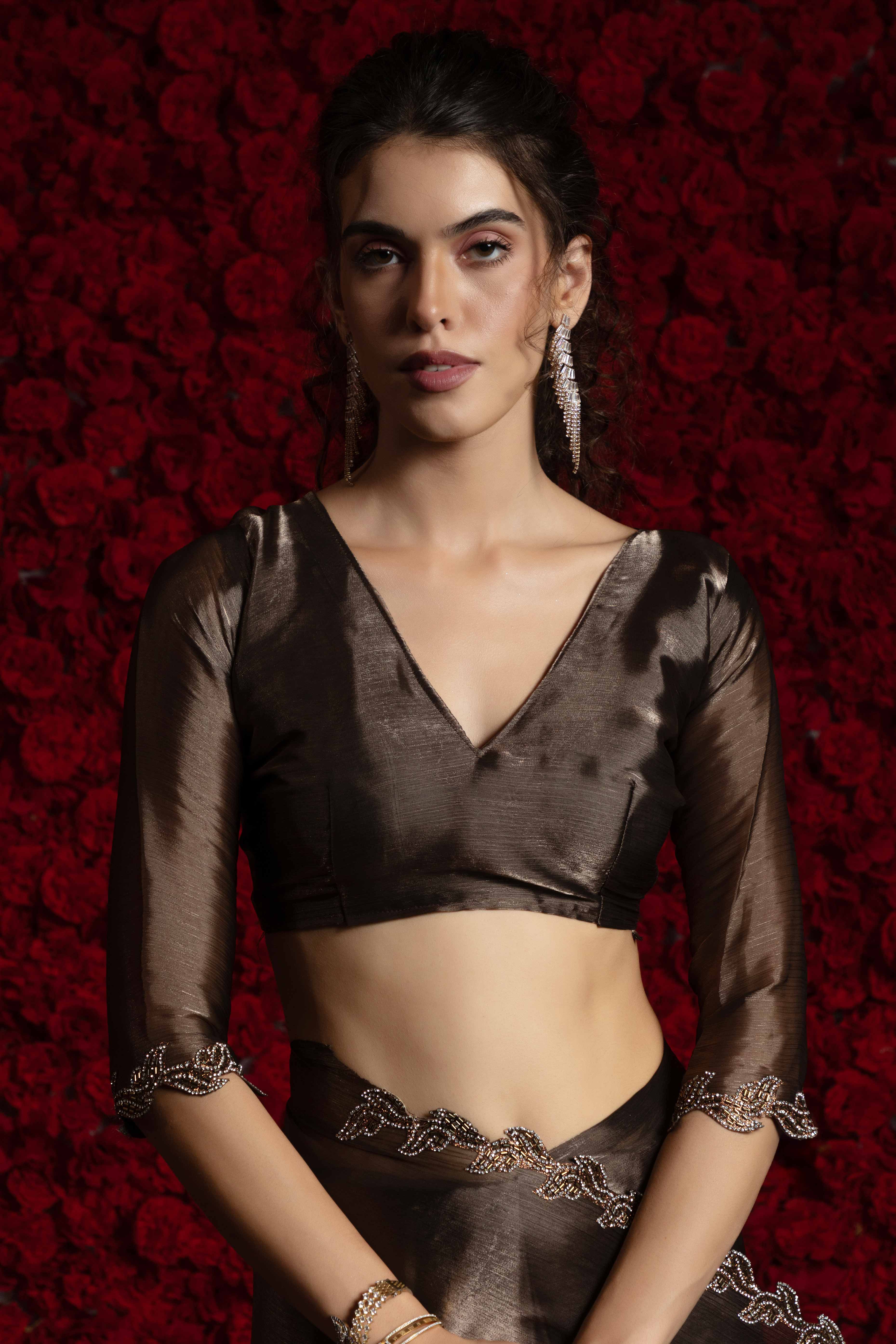 Bronze Brown Party Wear Saree Stone Embellished Tissue Chiffon Fabric