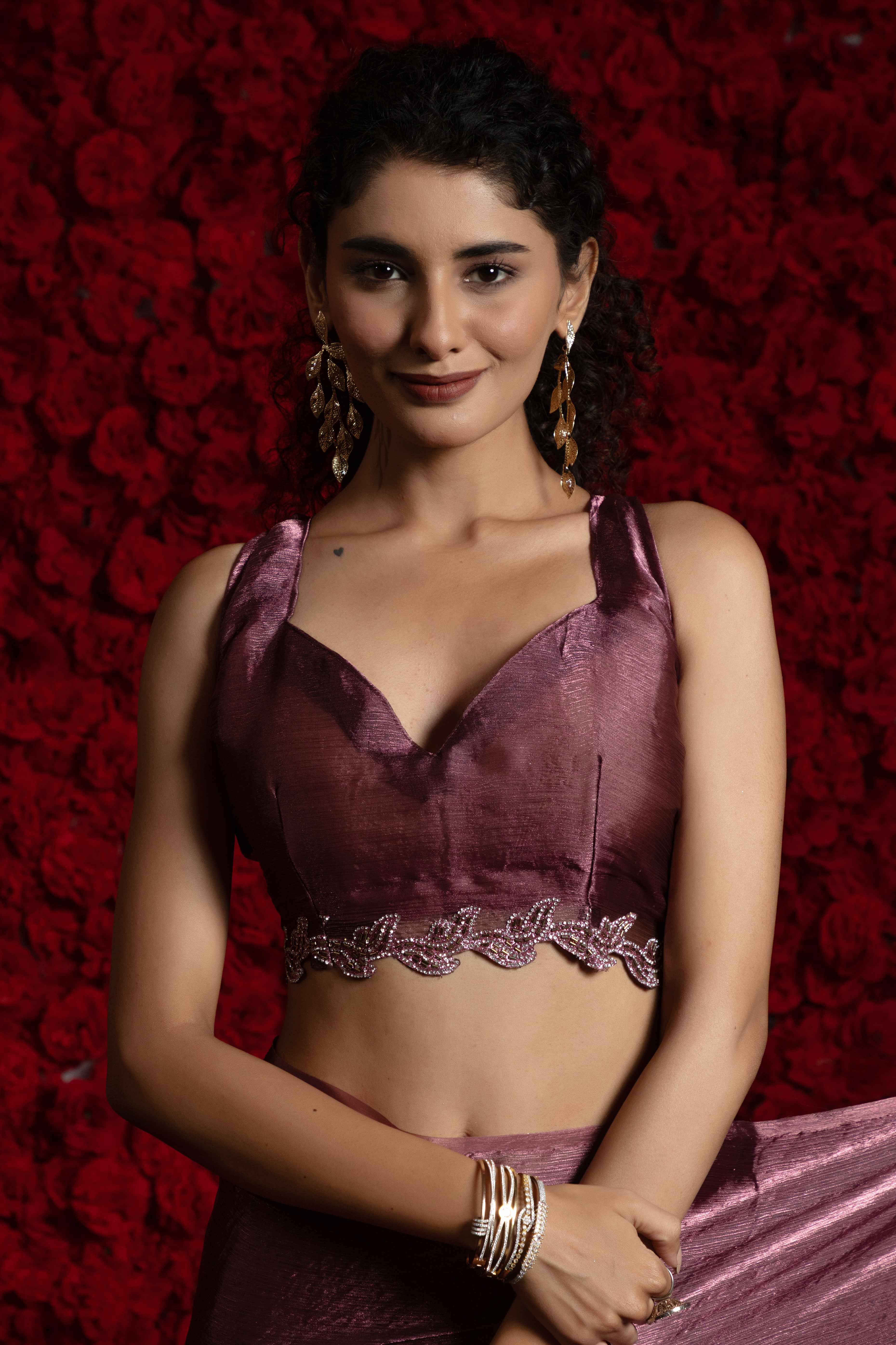 Wine Party Wear Saree Stone Embellished Tissue Chiffon Fabric