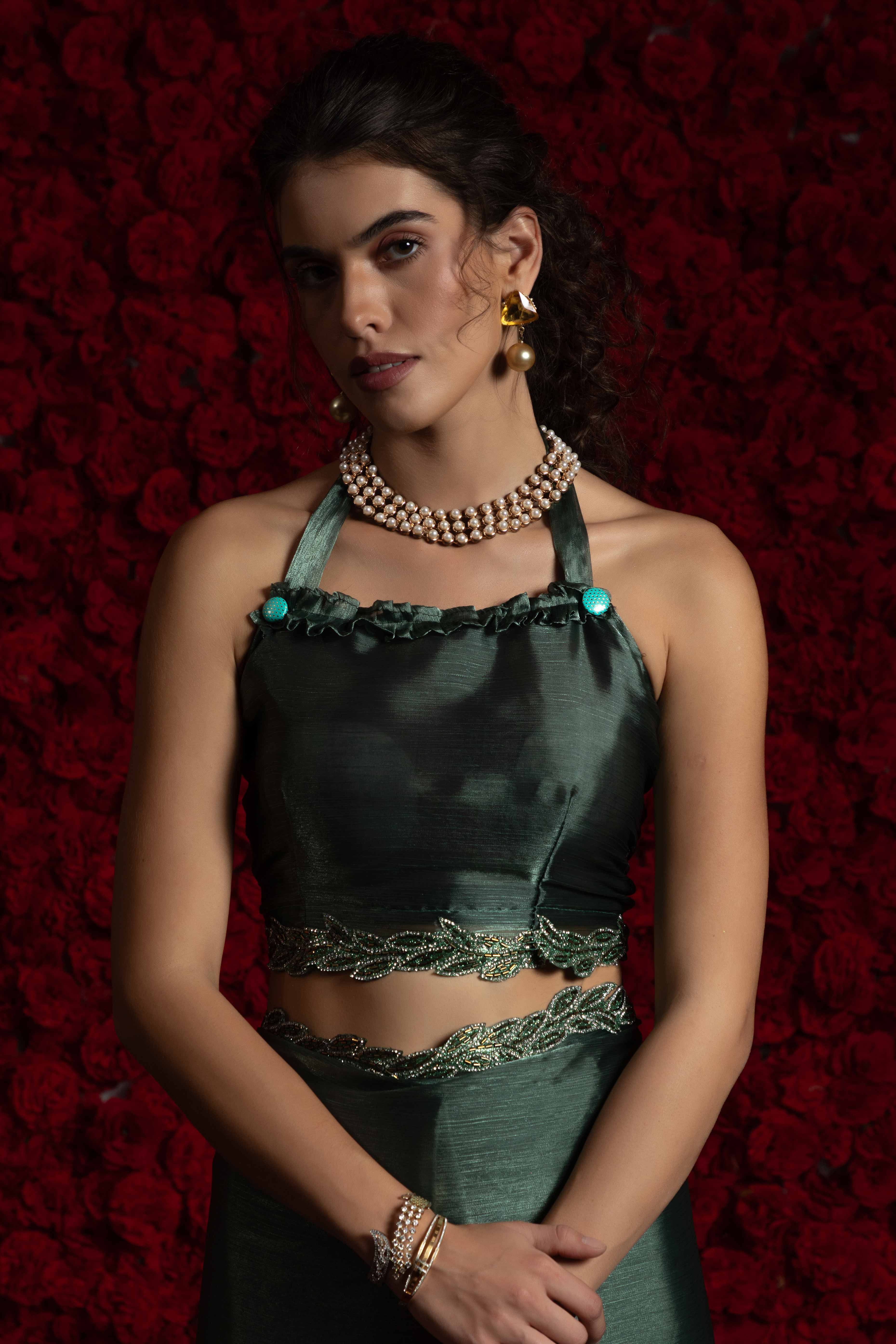 Emerald Green Solid Tissue Chiffon Saree Accented With Elegant Zarkan Work Border