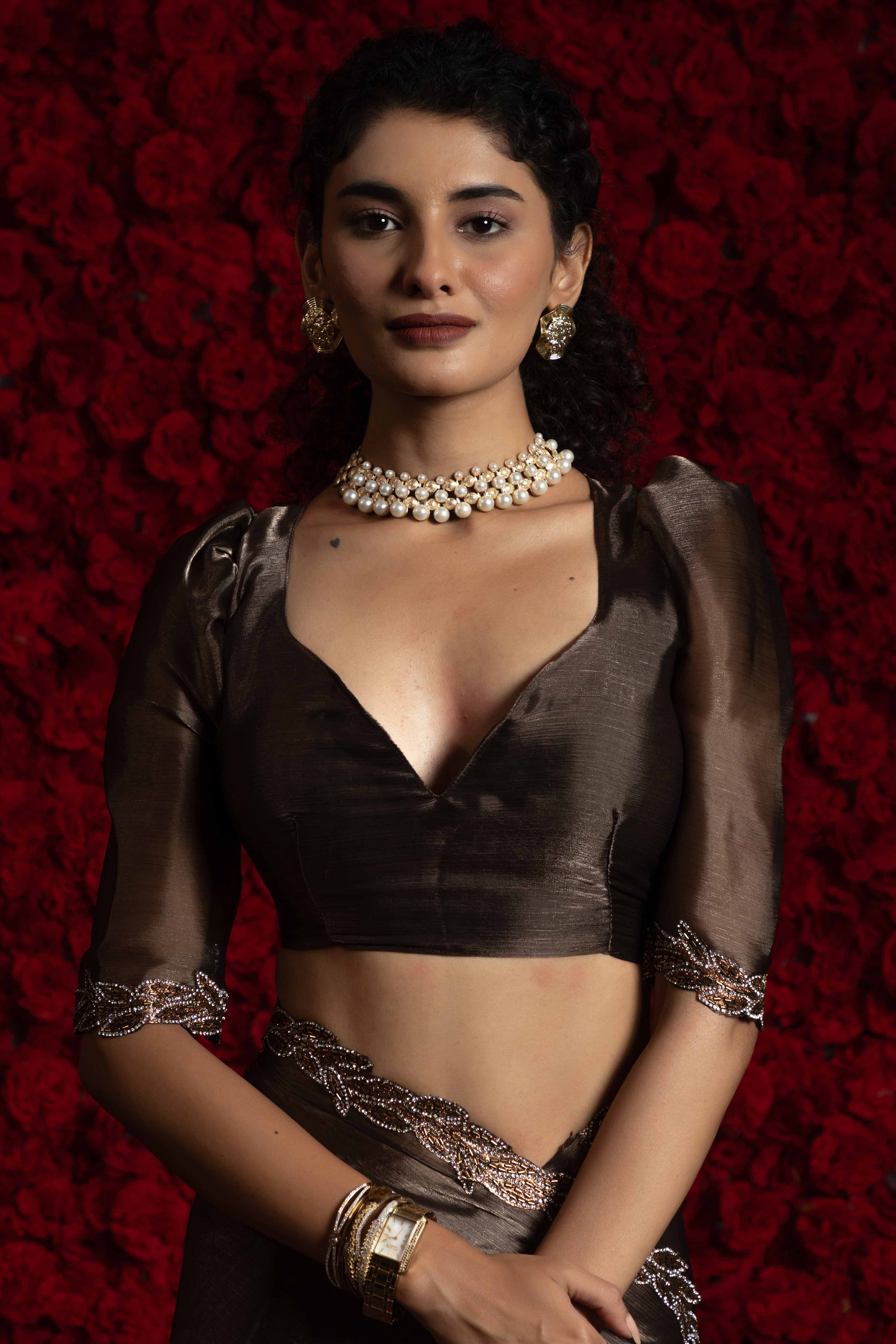 Dark Brown Solid Tissue Chiffon Saree Accented With Elegant Zarkan Work Border