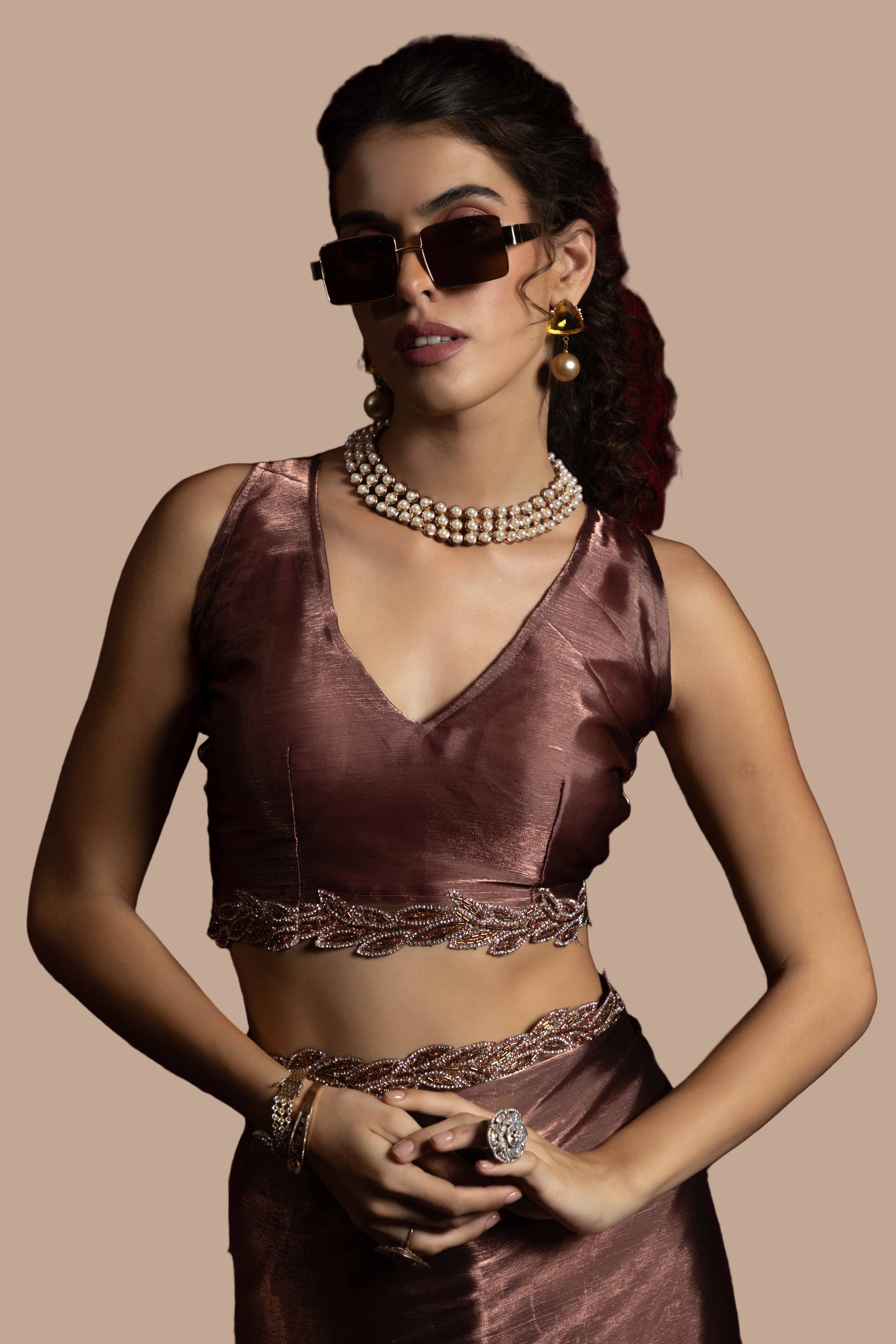 Dusty Rose Brown Solid Tissue Chiffon Saree Accented With Elegant Zarkan Work Border