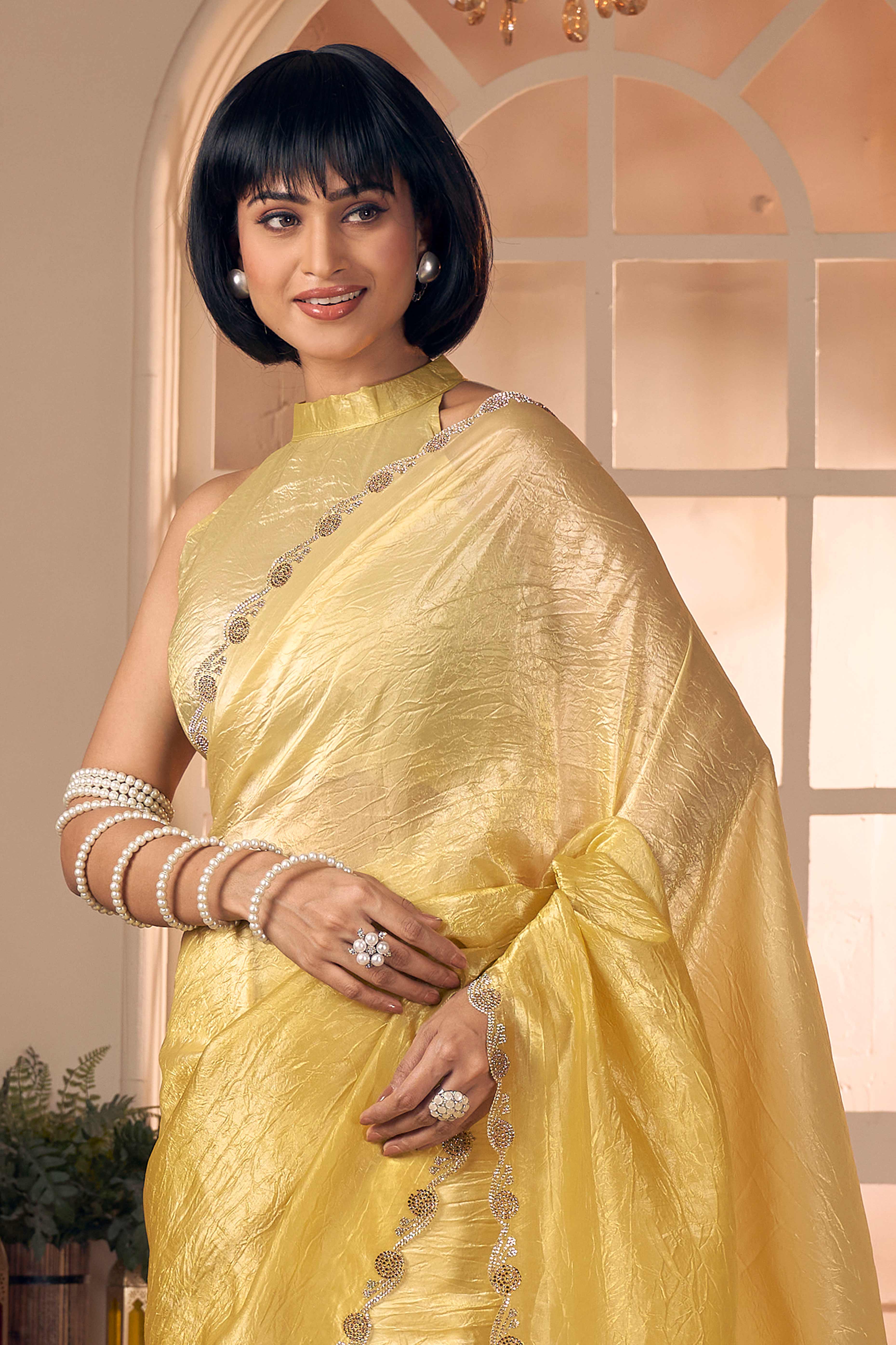 Elegant Yellow Pure Silk Saree Enhanced With Premium Zarkan Cutwork Embellishment