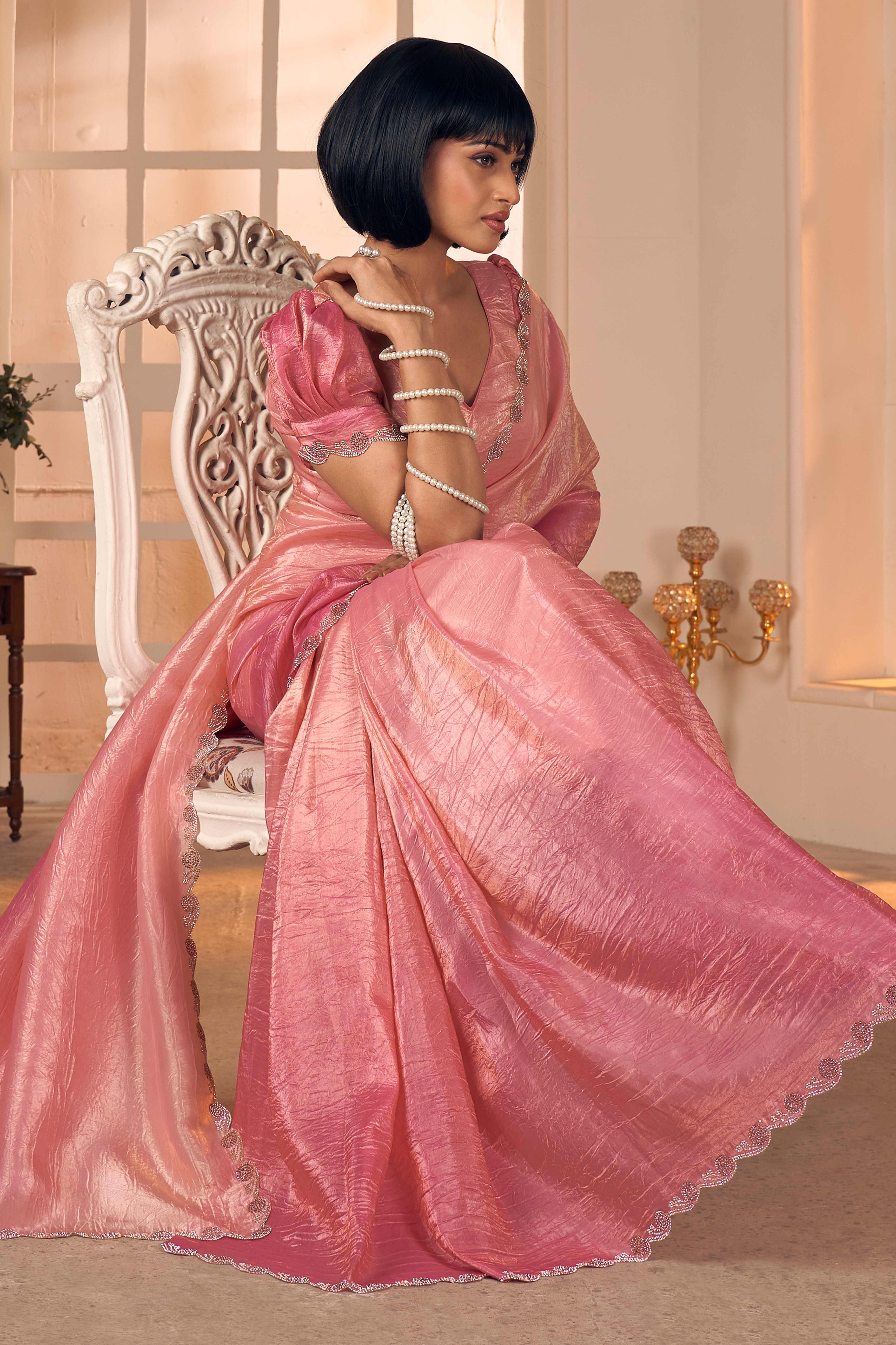 Elegant Pastel Pink Pure Silk Saree Enhanced With Premium Zarkan Cutwork Embellishment