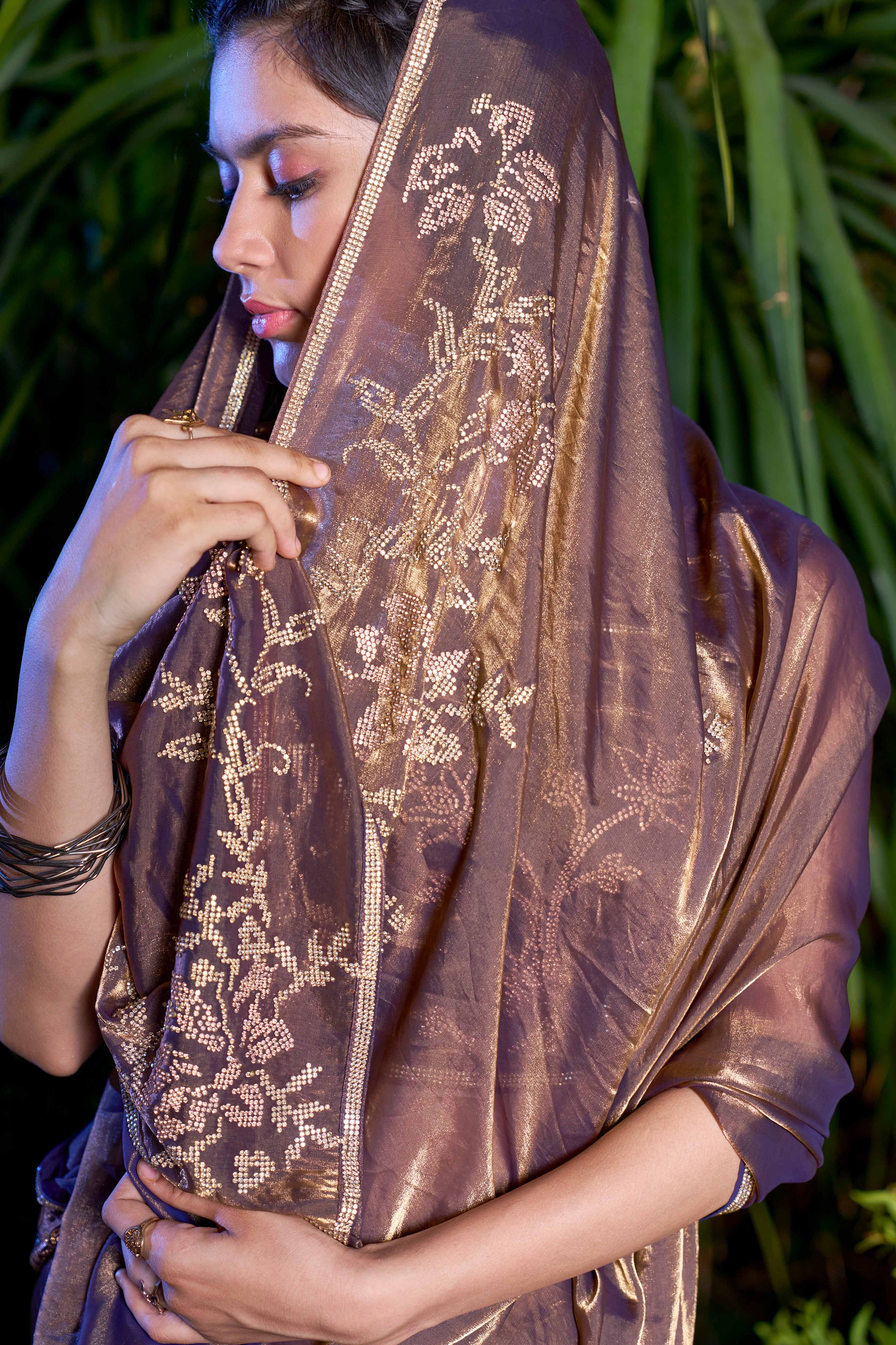 Luxury Satin Saree in Coffee Brown with Swarovski Embellishments