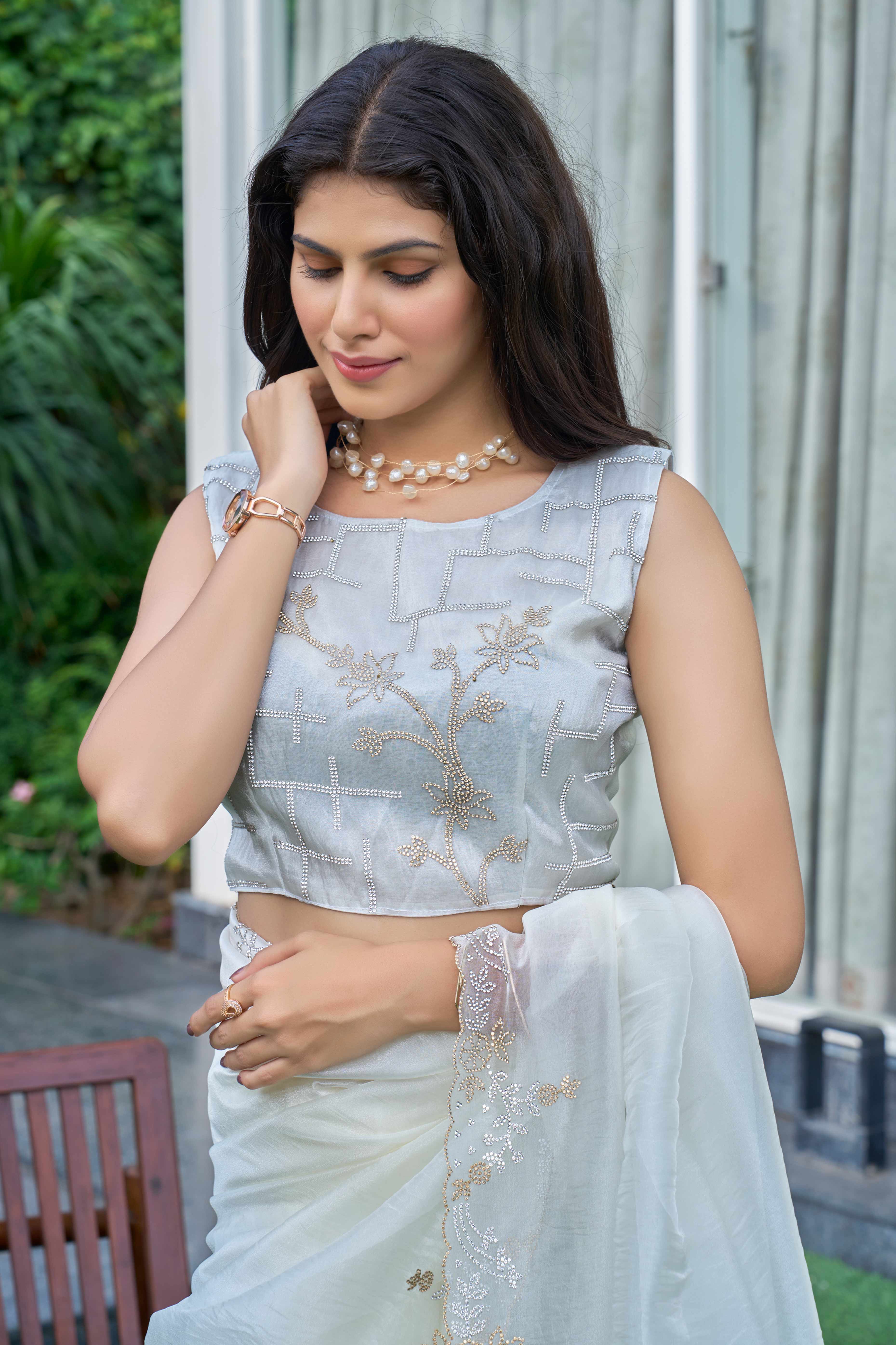 Off White Ethereal Organza Saree Adorned with Crystal Embellishments