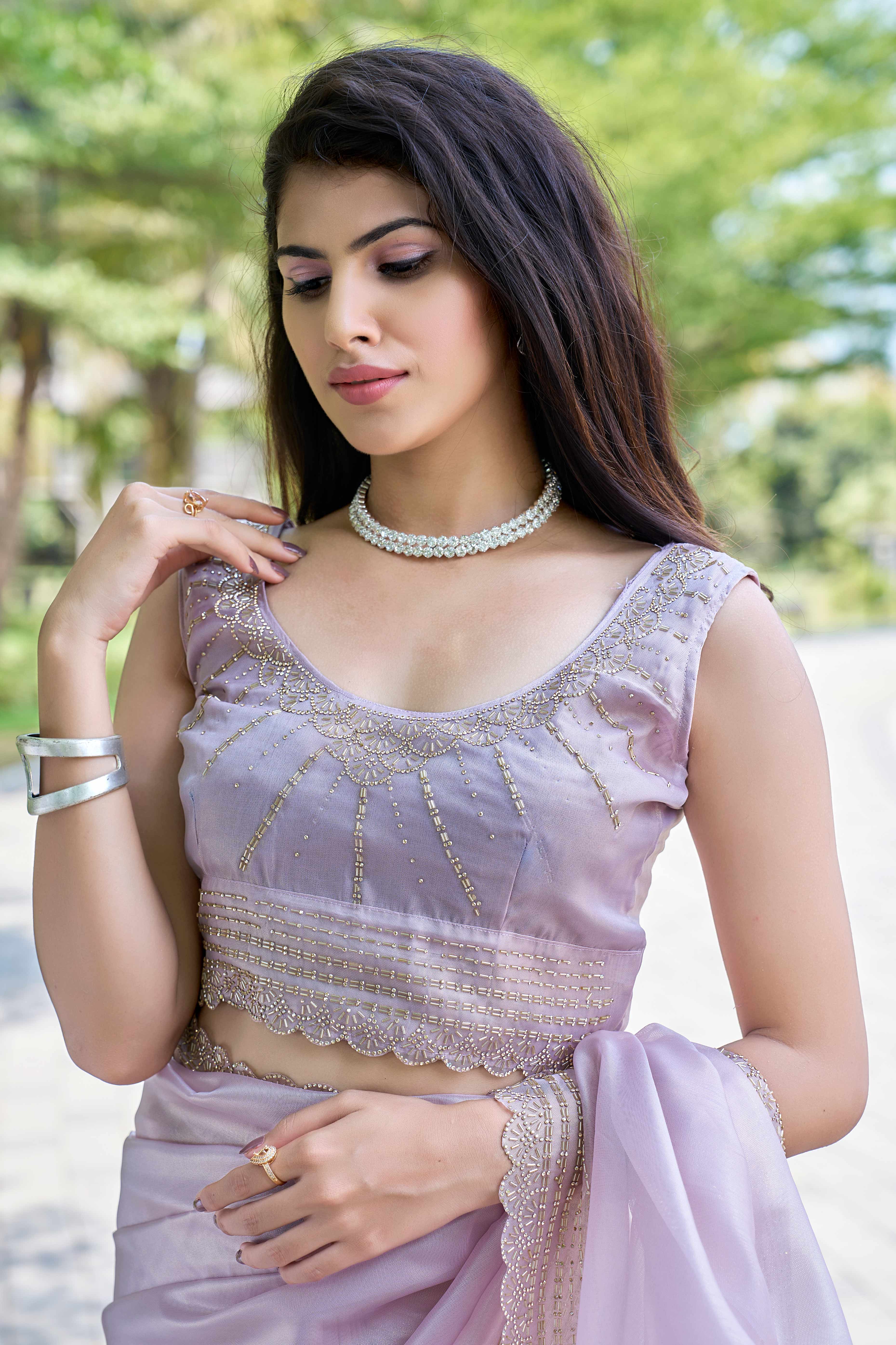 Lavender Soft Organza Saree with Stone Embellishments Work