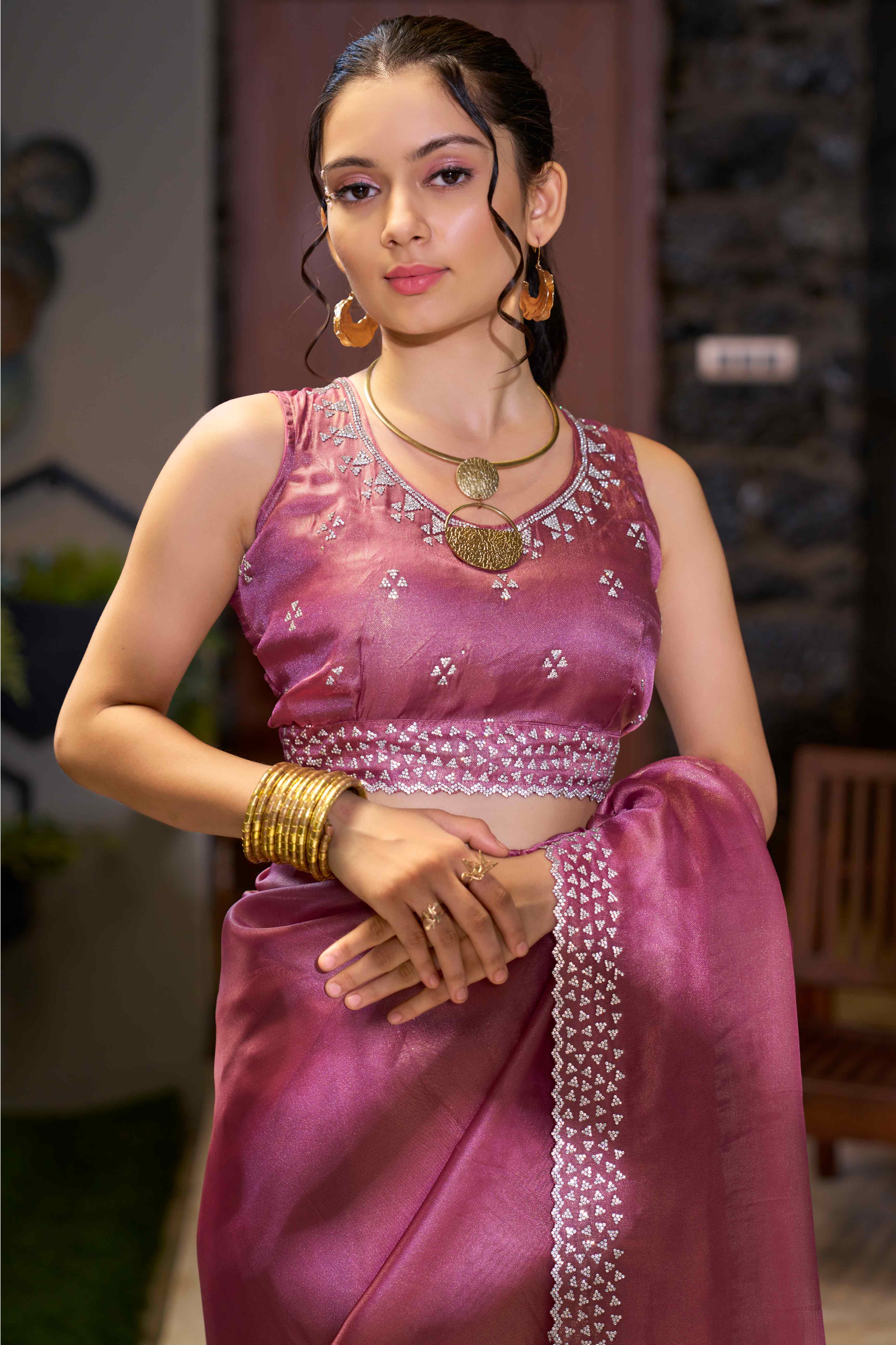 Pink Solid With Zarkan Work Organza Saree