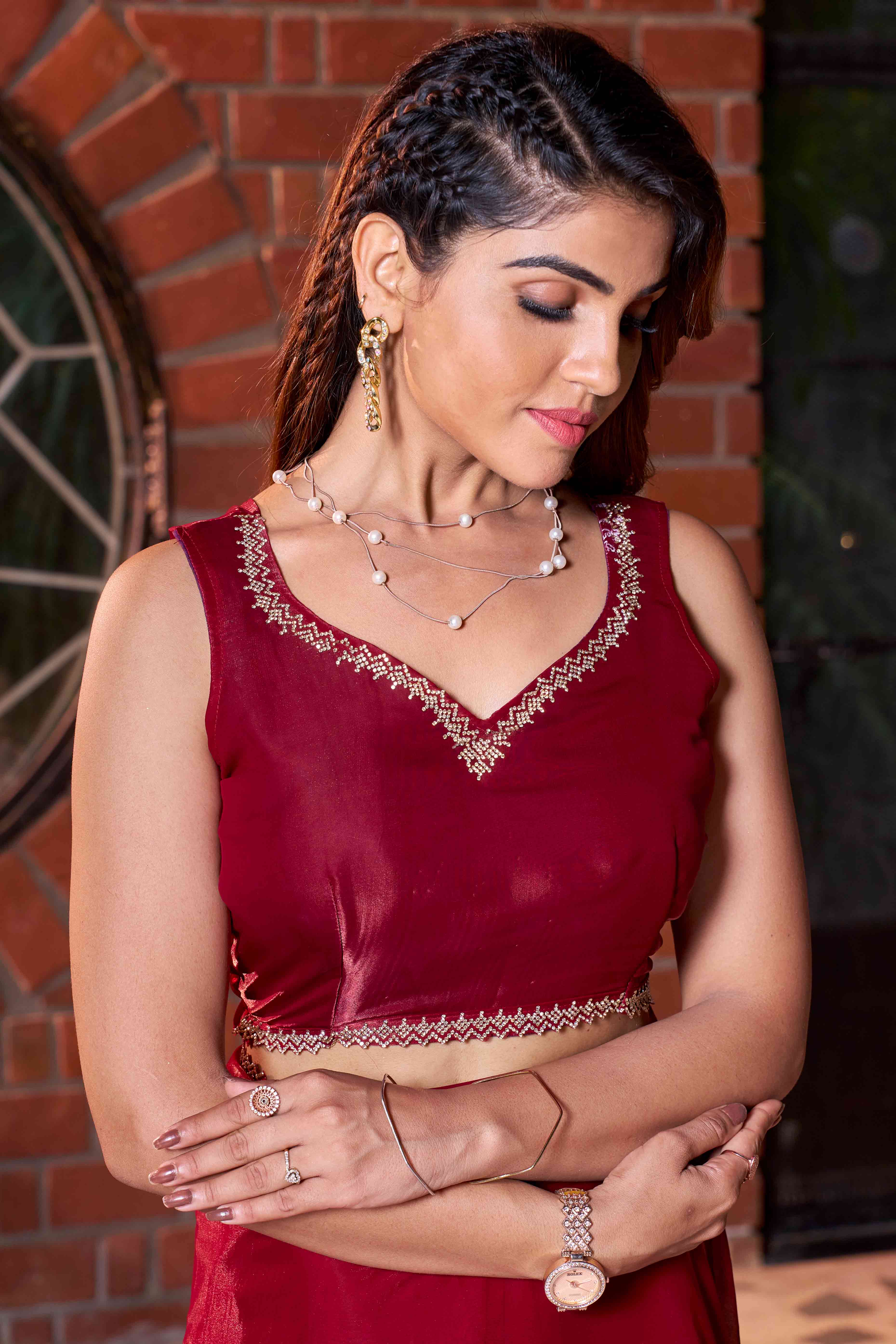 Red Swarovski Work Embroidered Satin Silk Saree