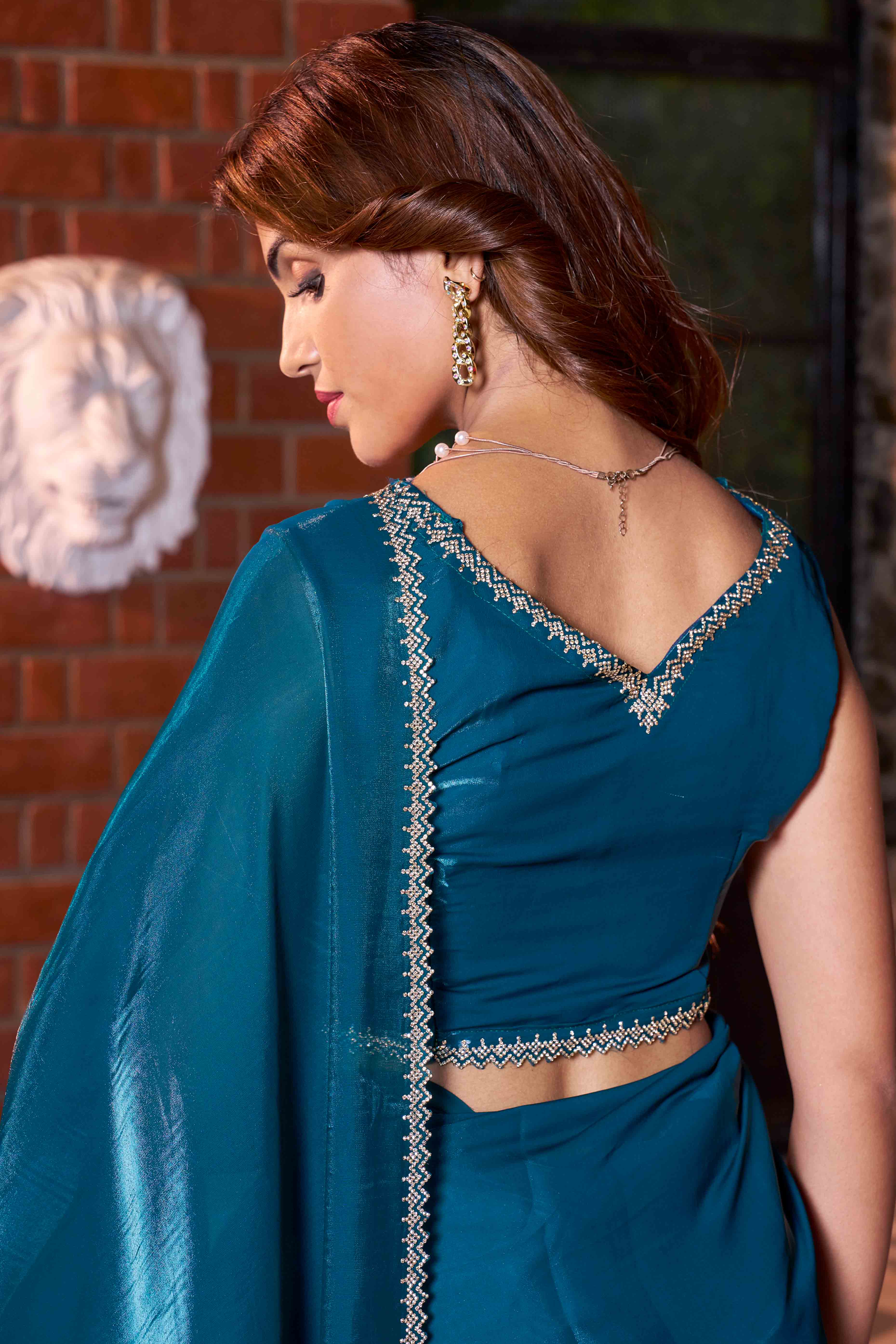 Teal Swarovski Work Embroidered Satin Silk Saree