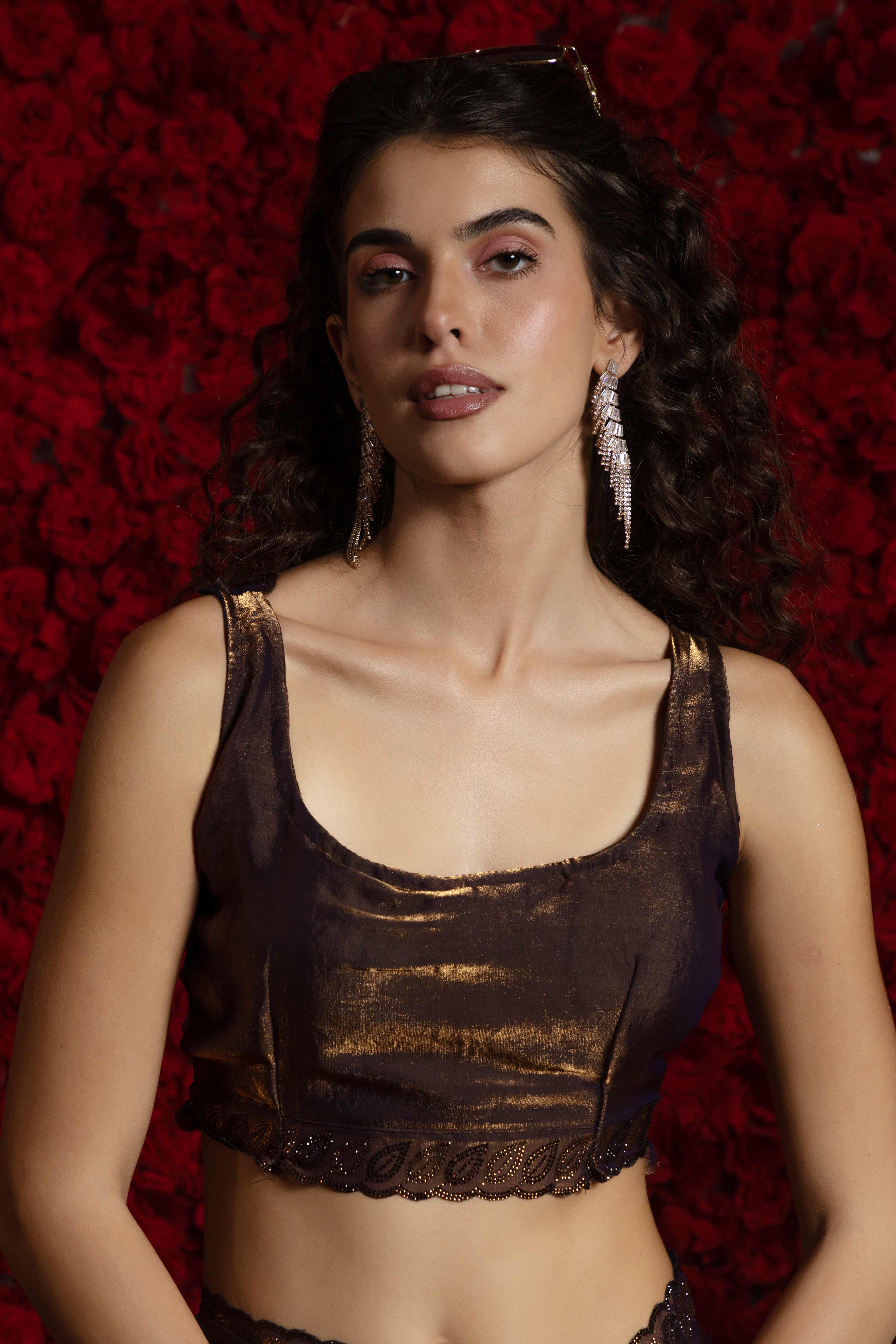 Coffee Brown Satin Silk Saree with Dazzling Stone Embellishments for Special Occasions
