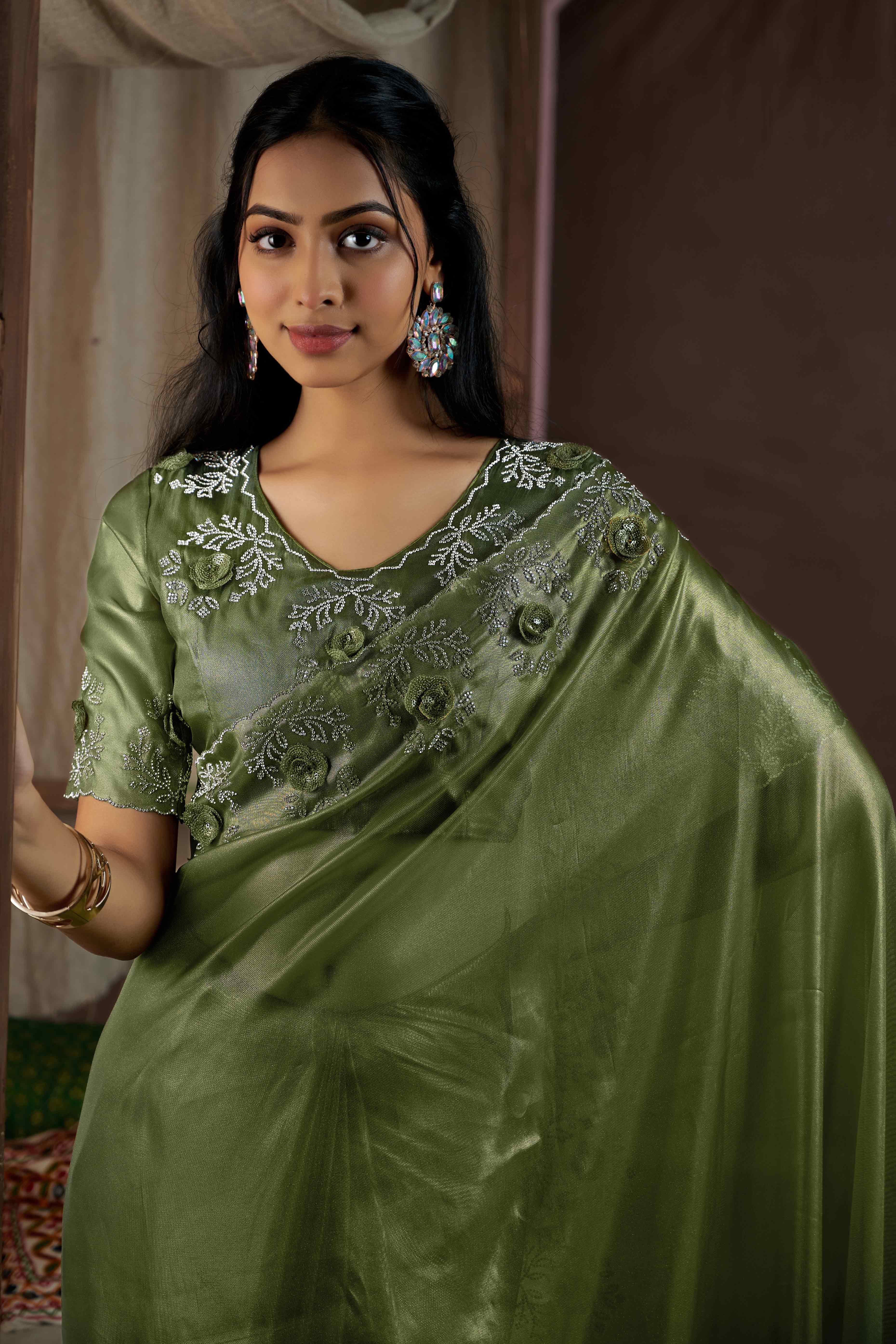 Green Floral Sequins With Zarkan Work Organza Saree