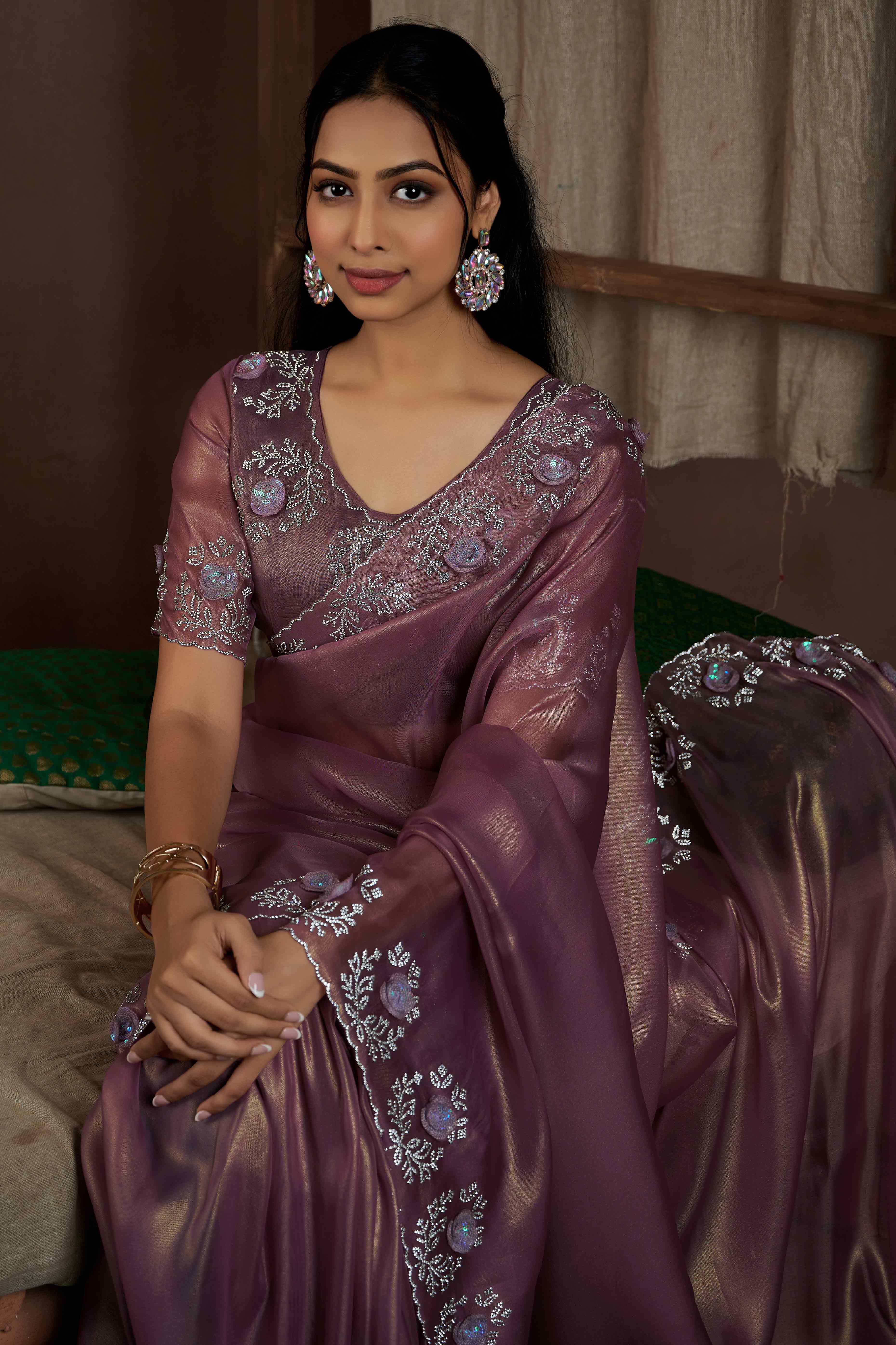 Wine Floral Sequins With Zarkan Work Organza Saree