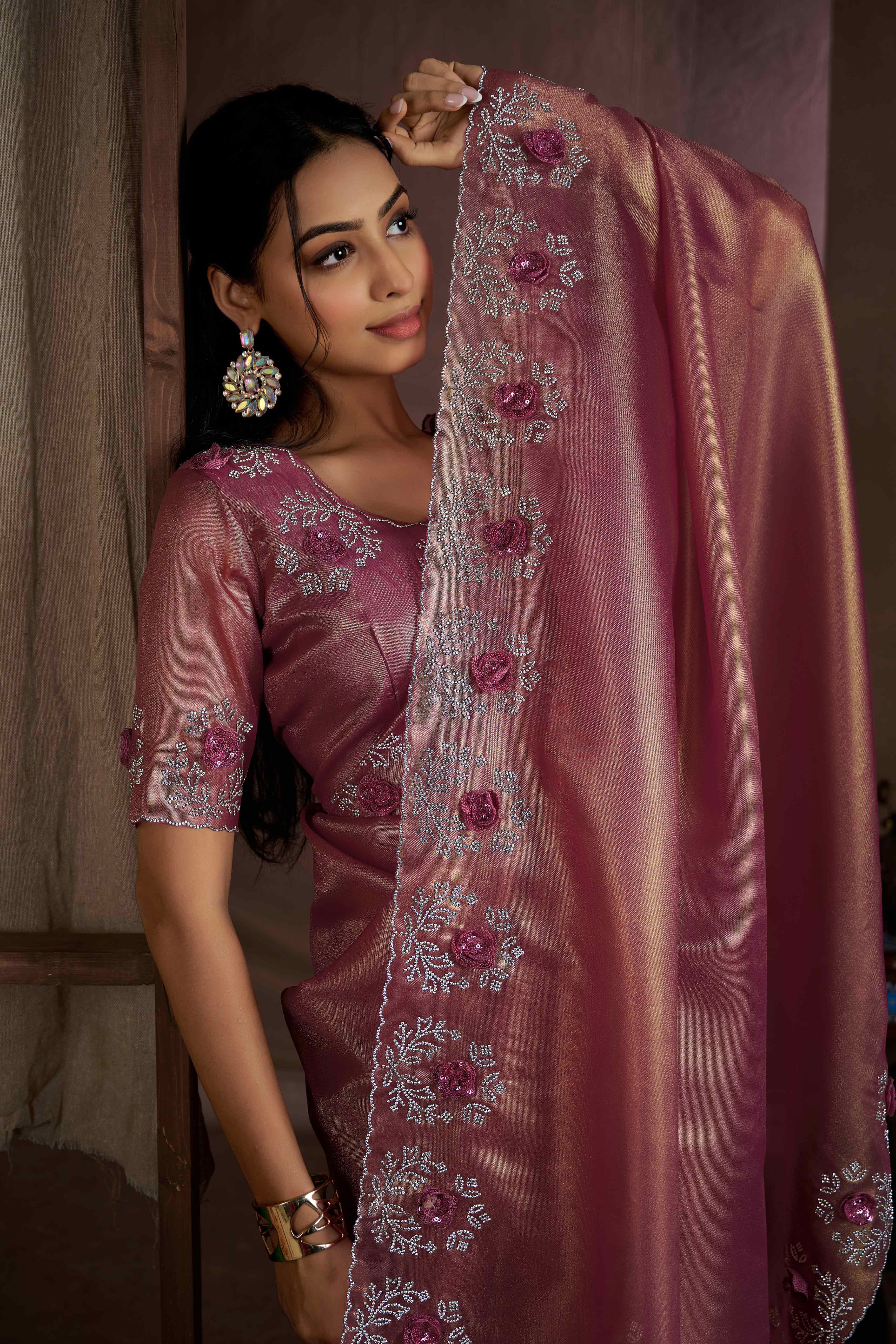 Onion Pink Floral Sequins With Zarkan Work Organza Saree