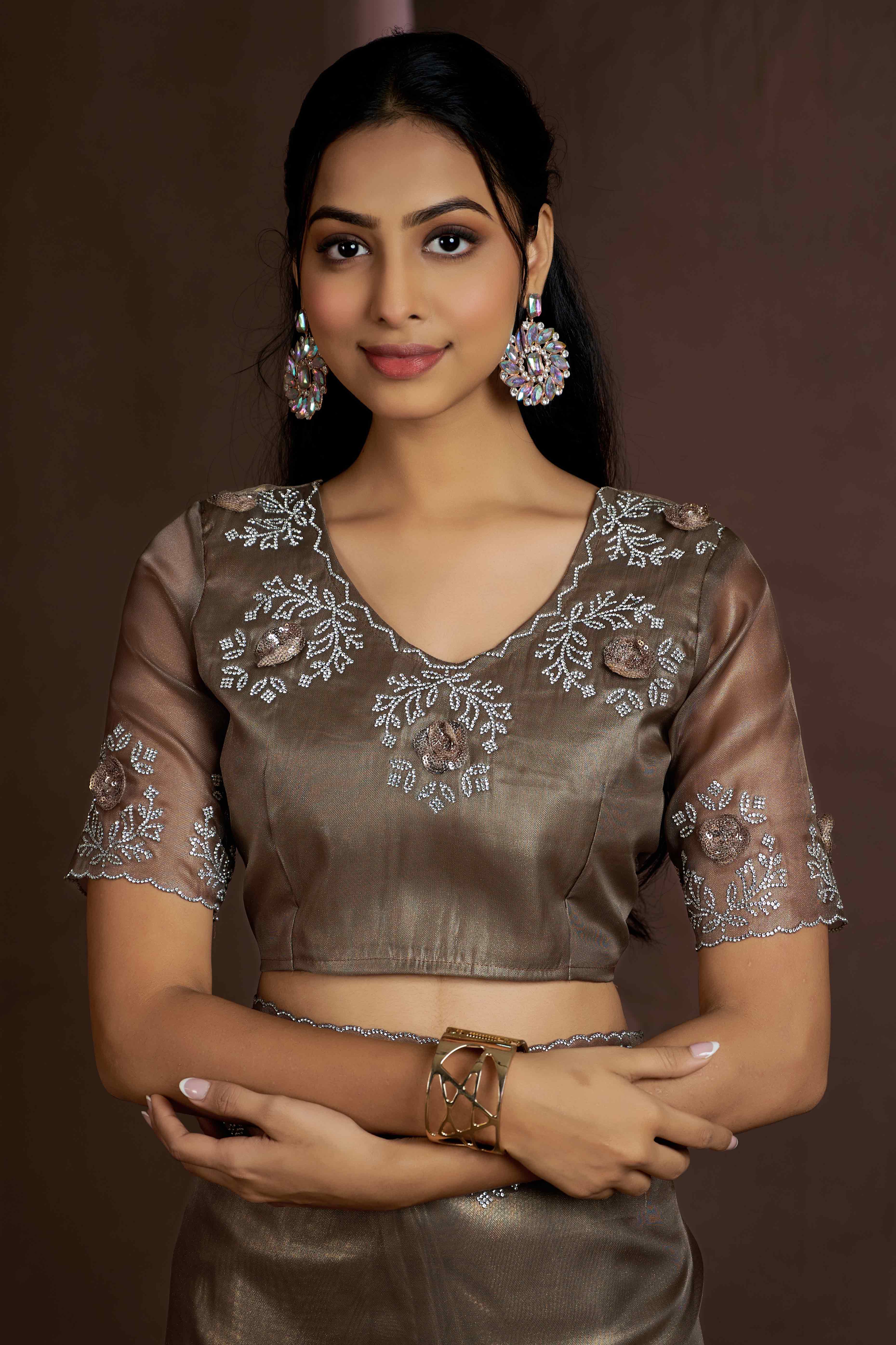 Dark Beige Floral Sequins With Zarkan Work Organza Saree