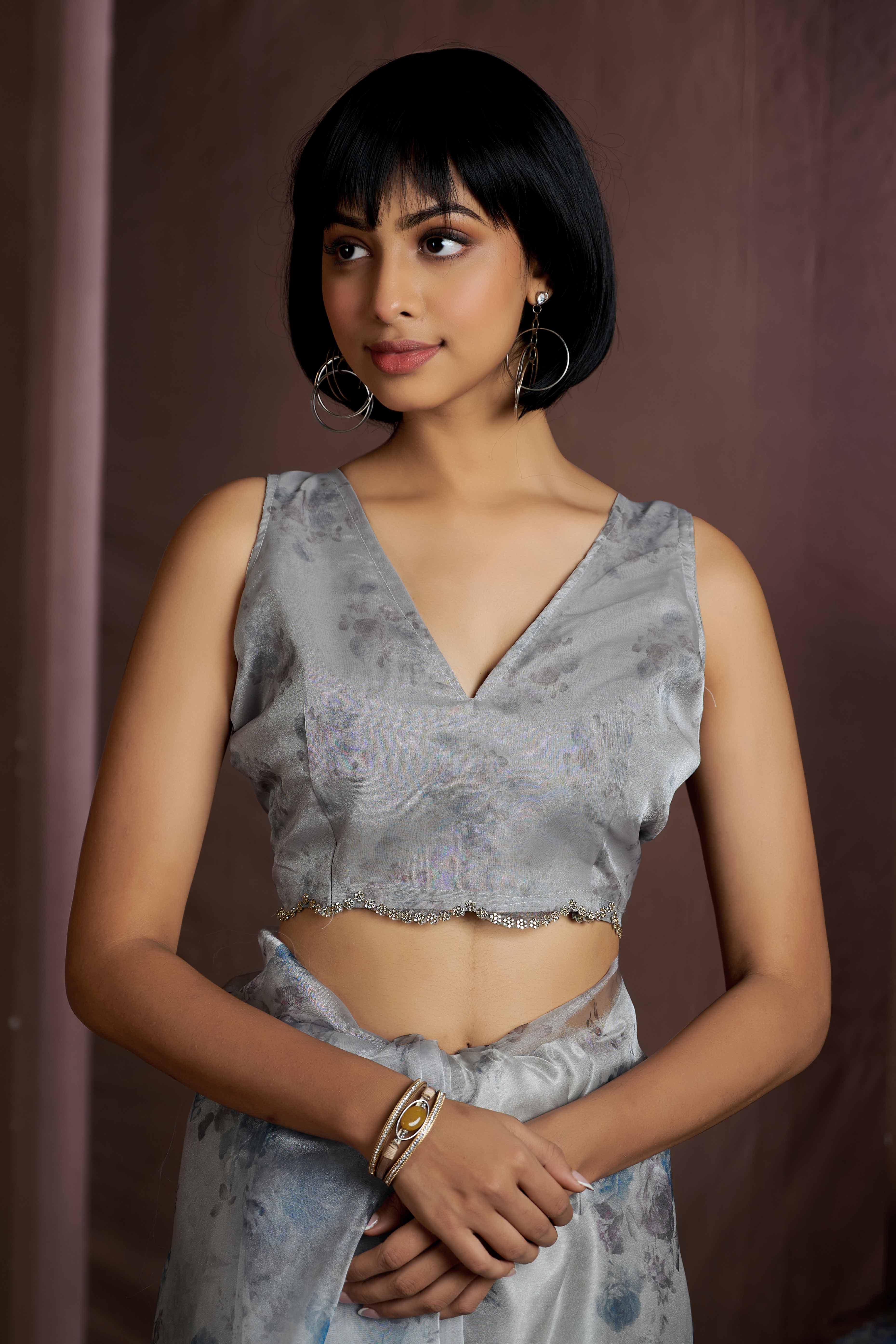Grey Floral Printed Soft Organza Saree With Stone Work Border