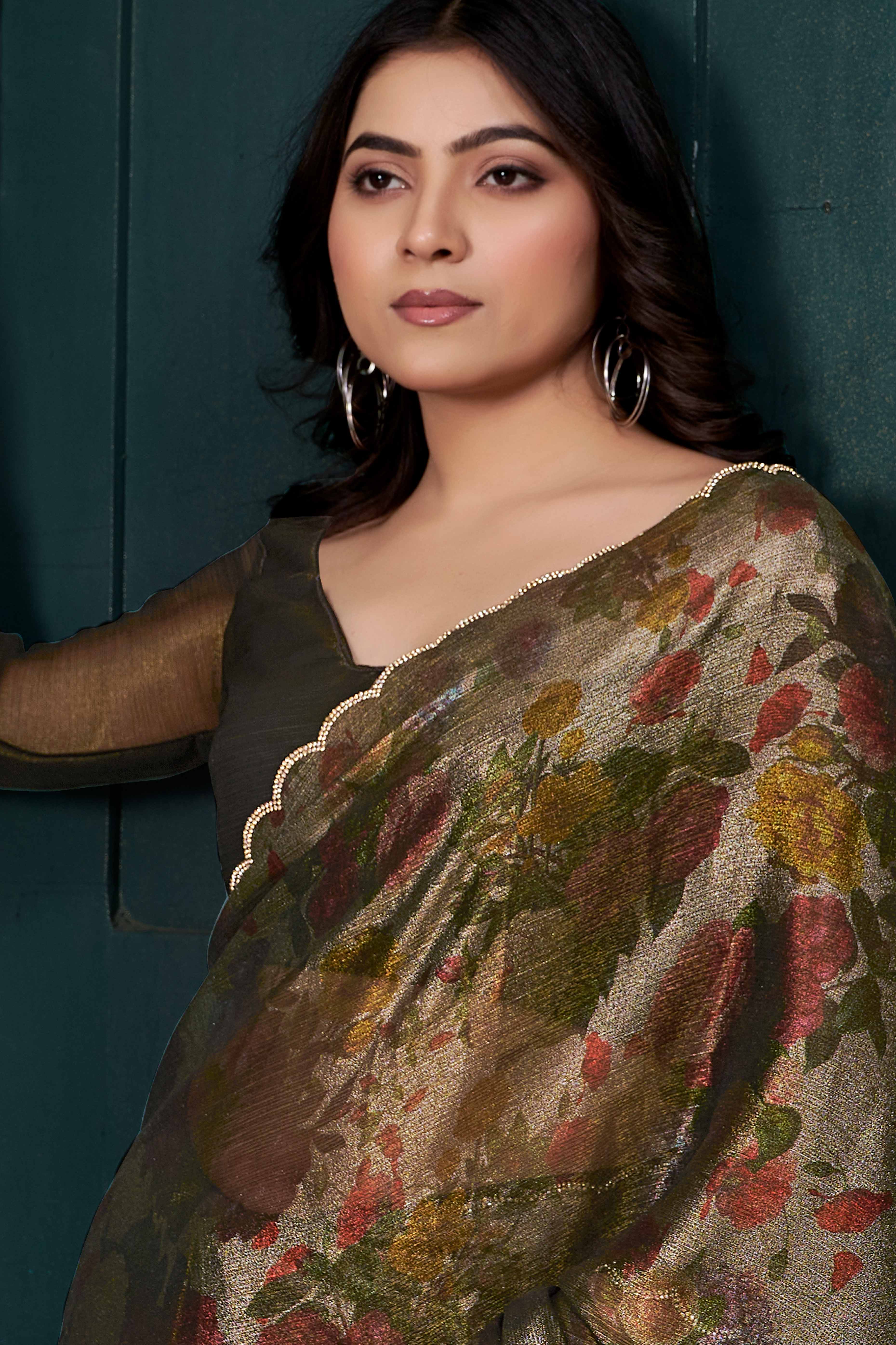 Olive Partywear Saree in Smooth Chiffon Silk with Contemporary Floral Prints