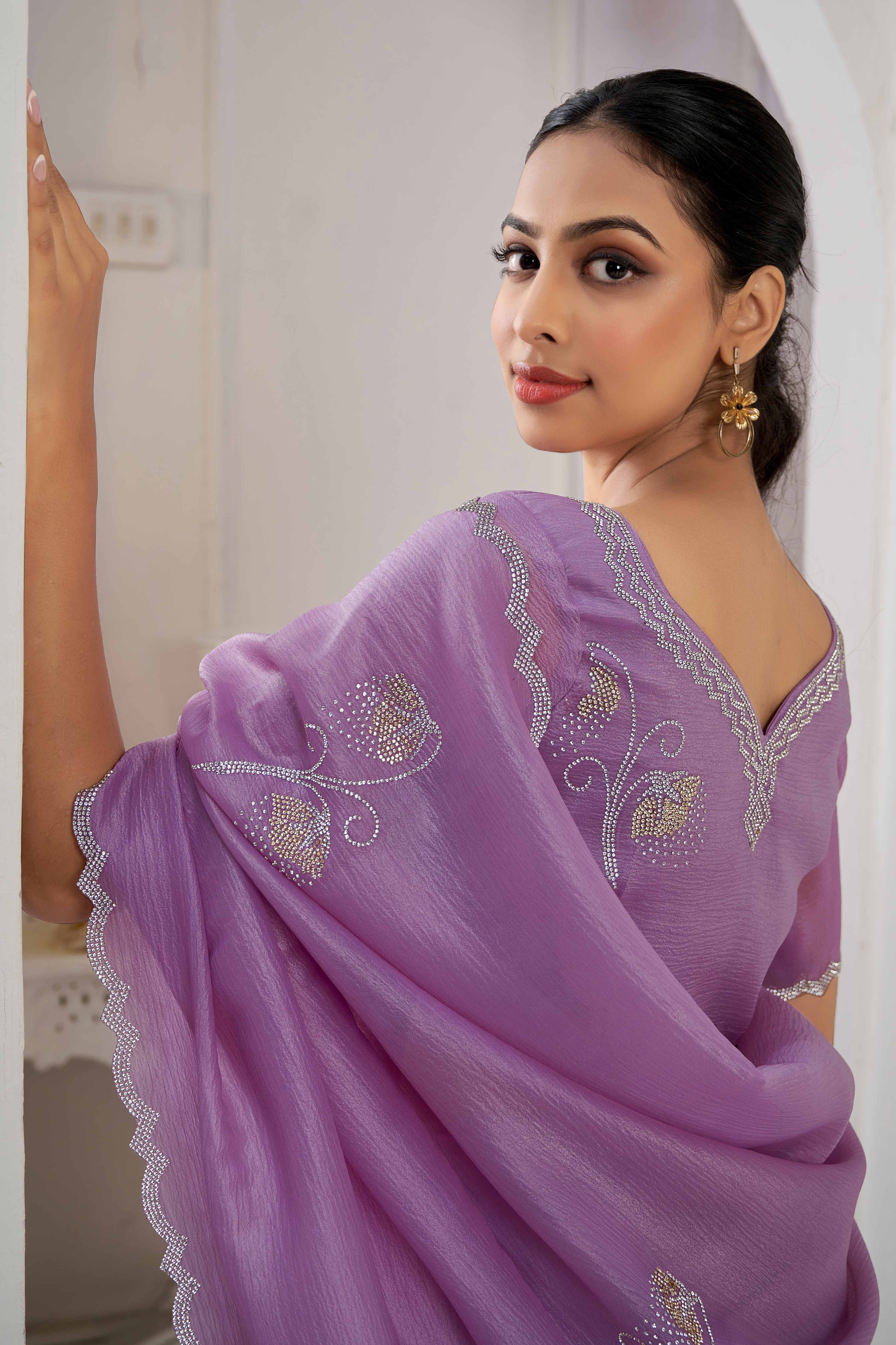 Purple Stone Work Embroidered Crepe Silk Saree