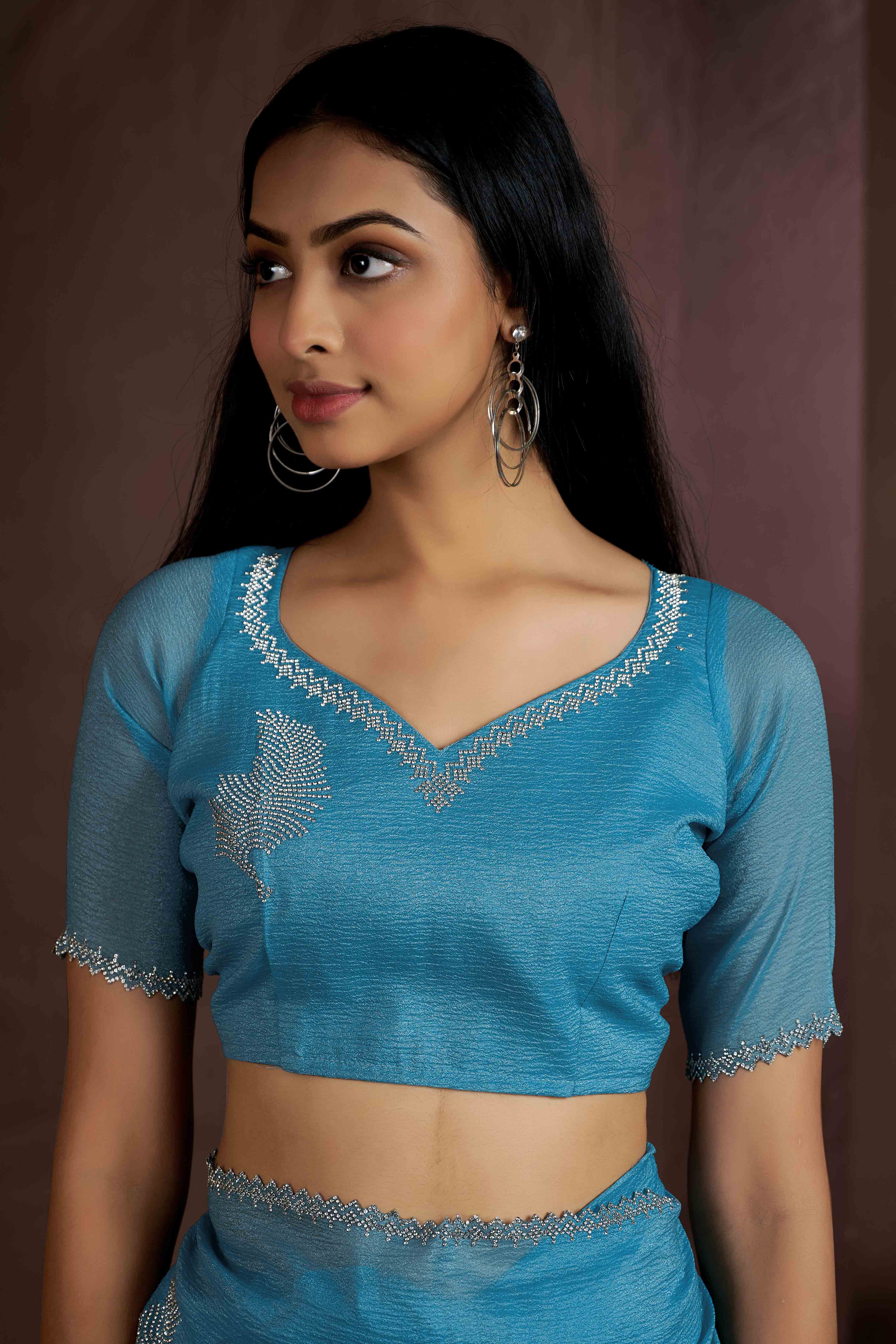Sky Blue Stone Work Embroidered Pure Silk Saree