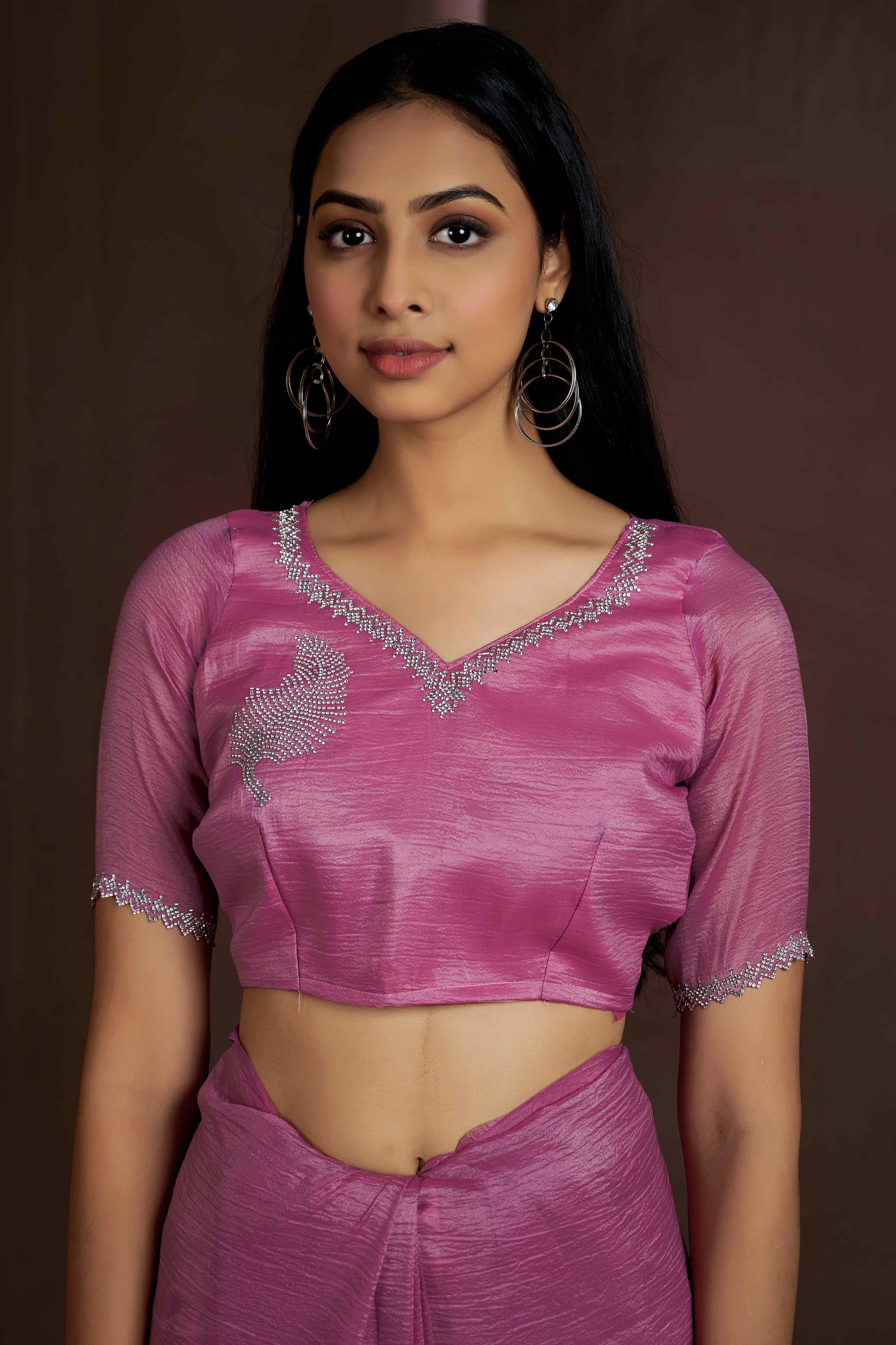 Pink Stone Work Embroidered Pure Silk Saree