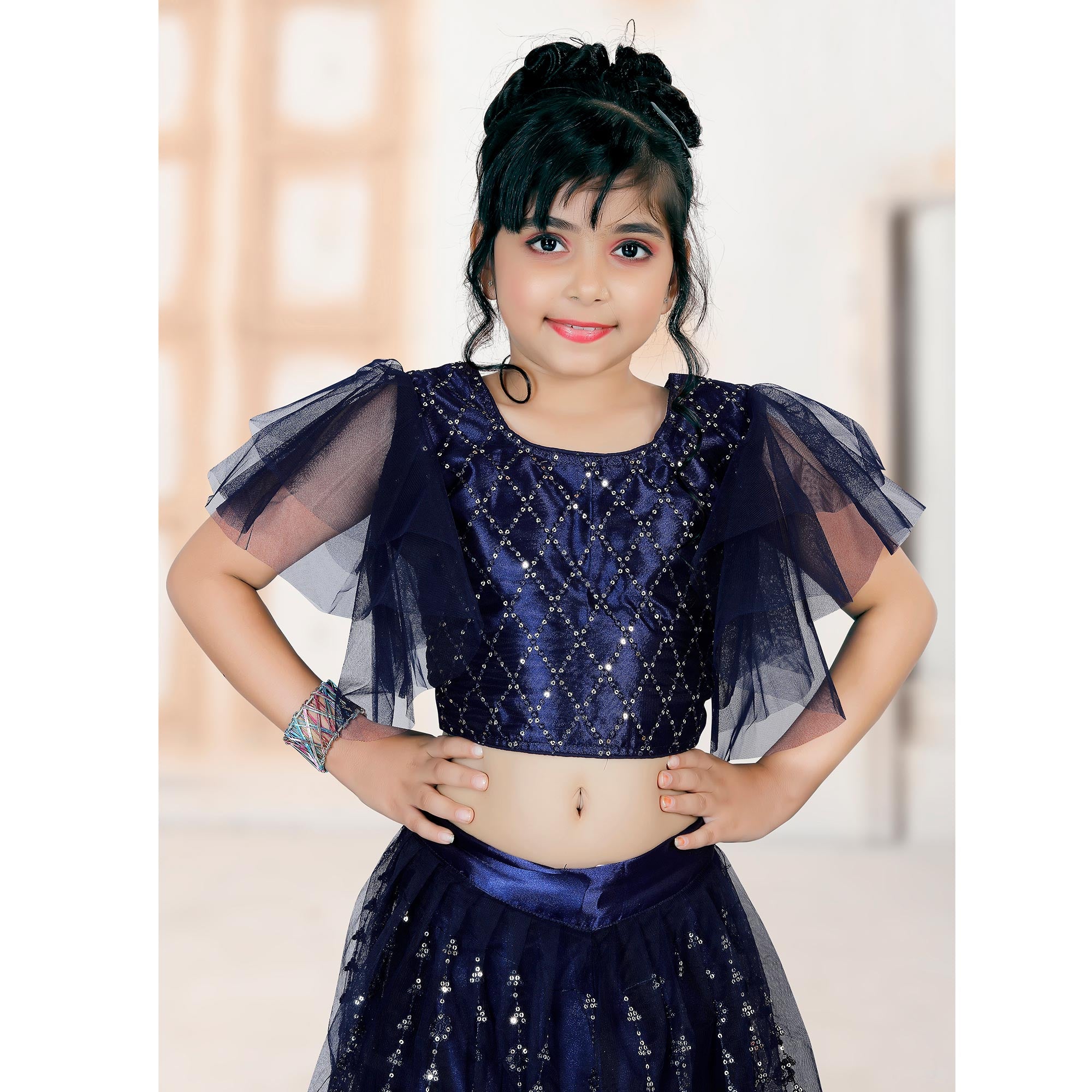 Navy Blue Embroidered Net Lehenga Choli For Kids