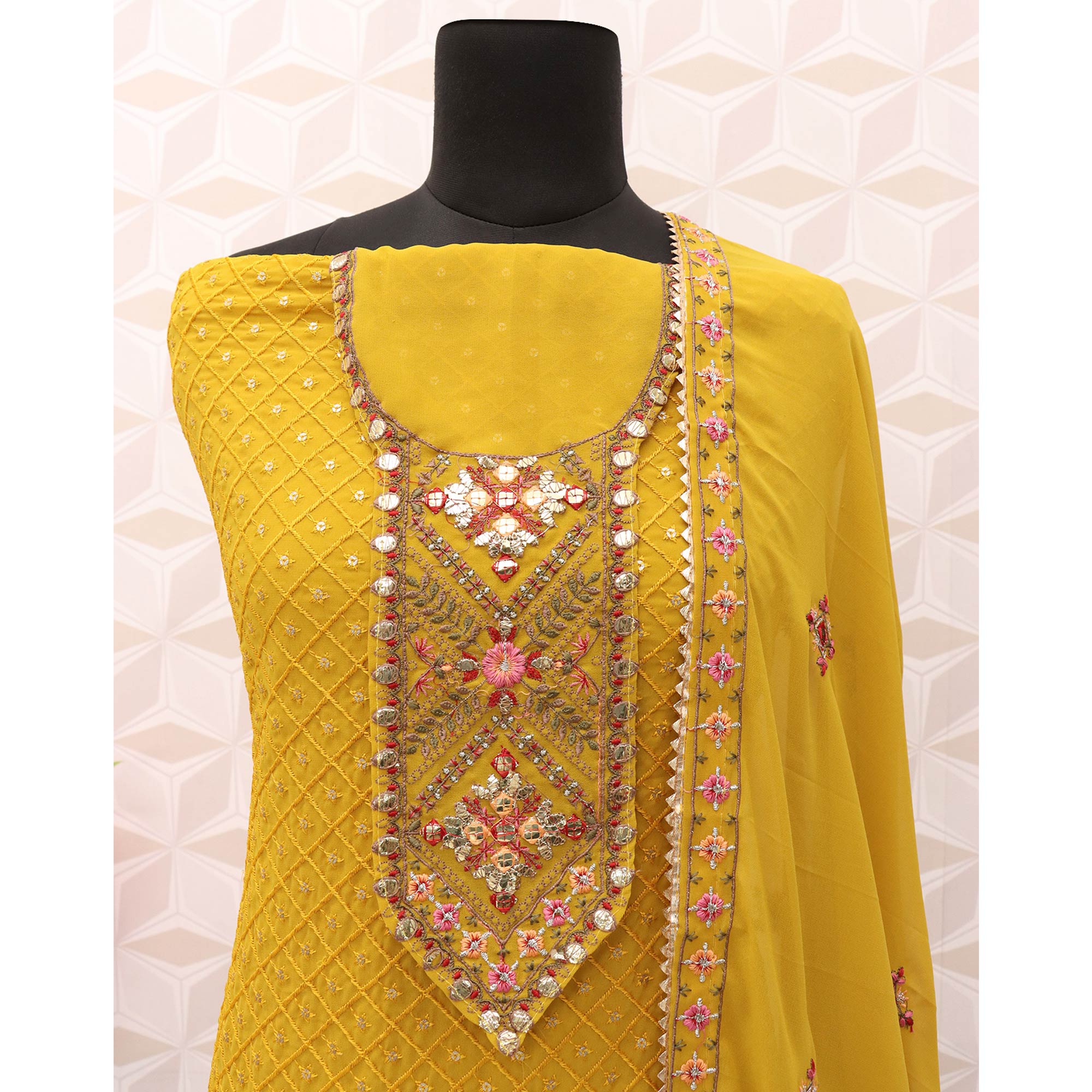 Mustard Sequins Embroidered Georgette Semi Stitched Salwar Suit