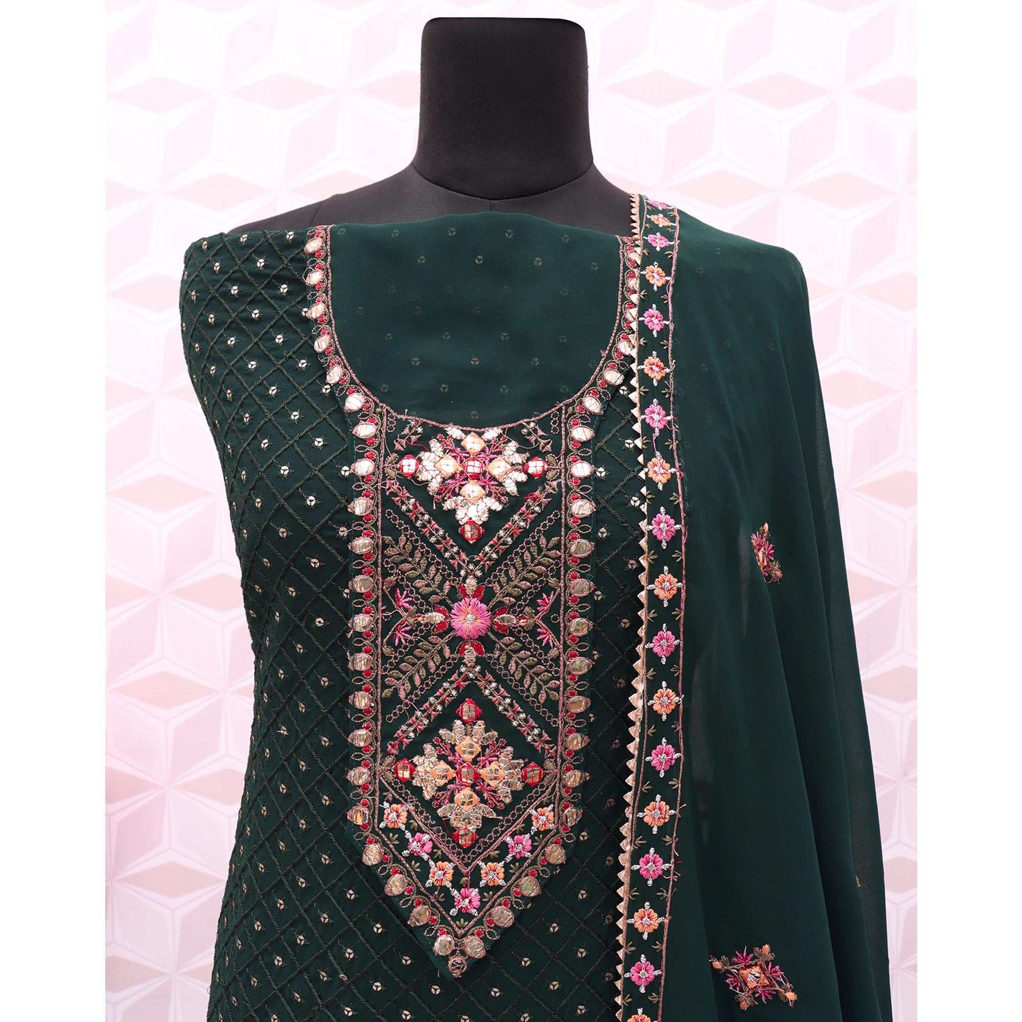 Dark Green Sequins Embroidered Georgette Semi Stitched Salwar Suit