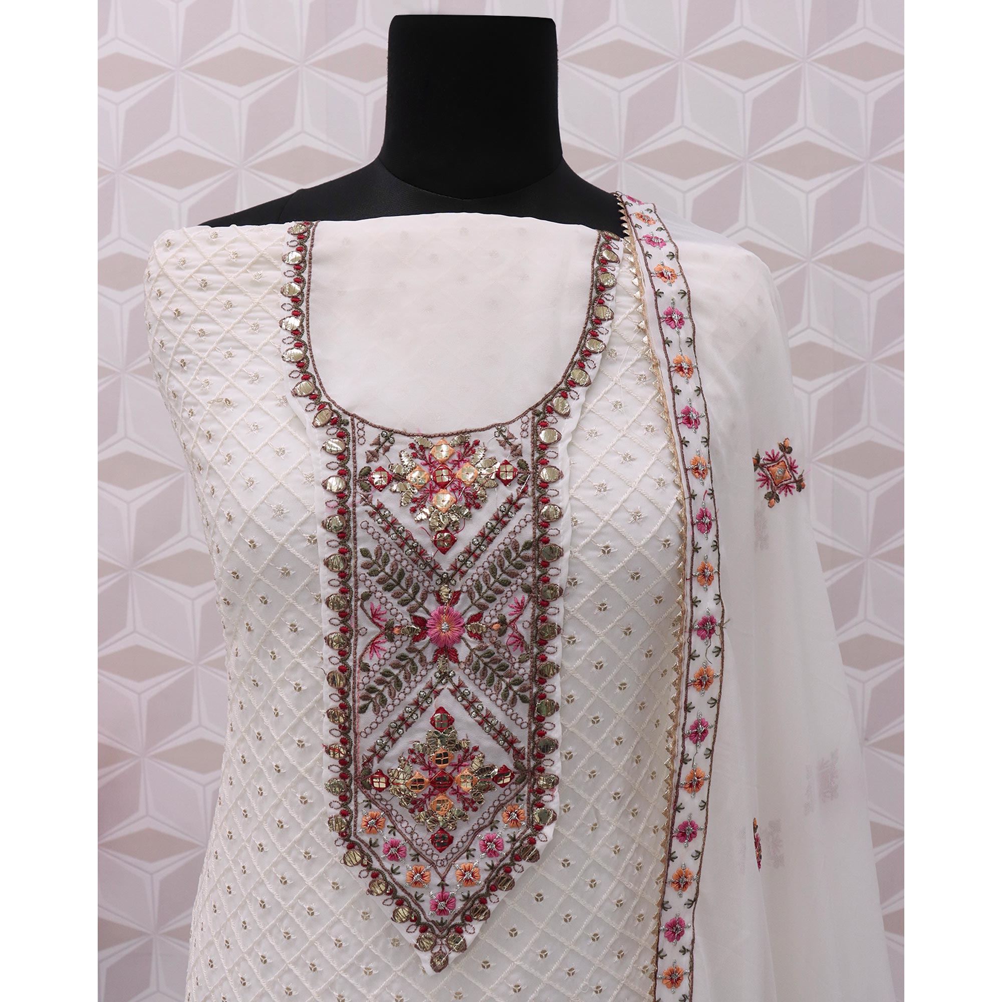 White Sequins Embroidered Georgette Semi Stitched Salwar Suit