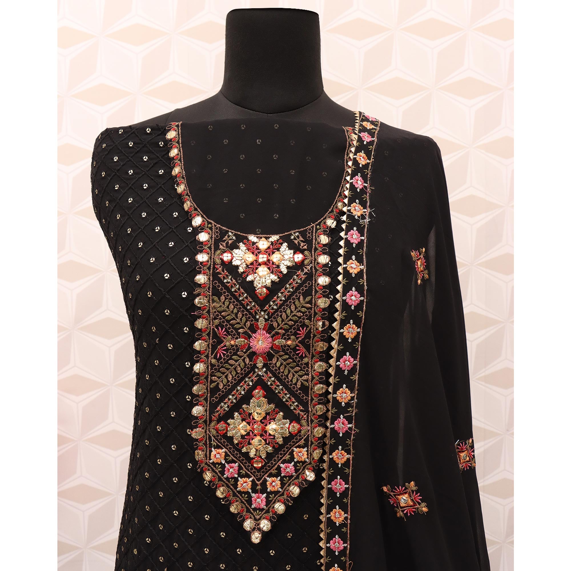 Black Sequins Embroidered Georgette Semi Stitched Salwar Suit