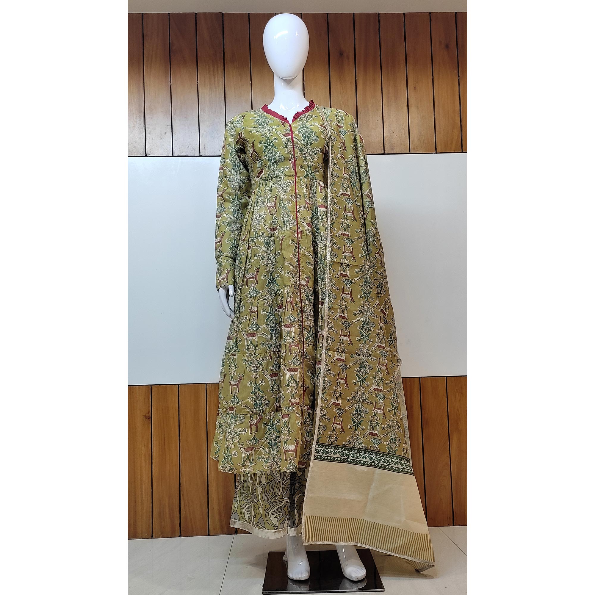 Mahendi Green Floral Digital Printed Chanderi Anarkali Style Suit