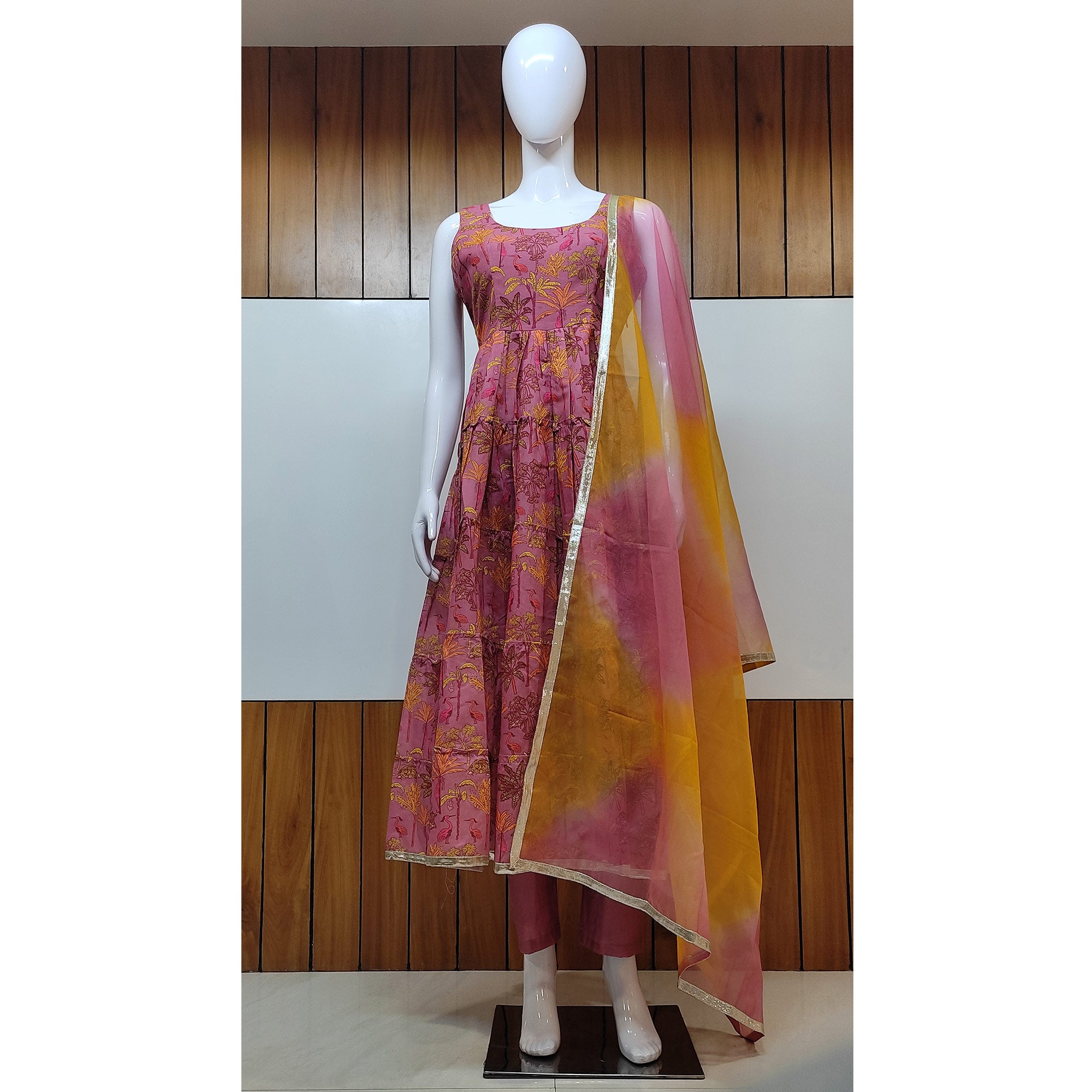 Pink Floral Digital Printed Chanderi Anarkali Style Suit