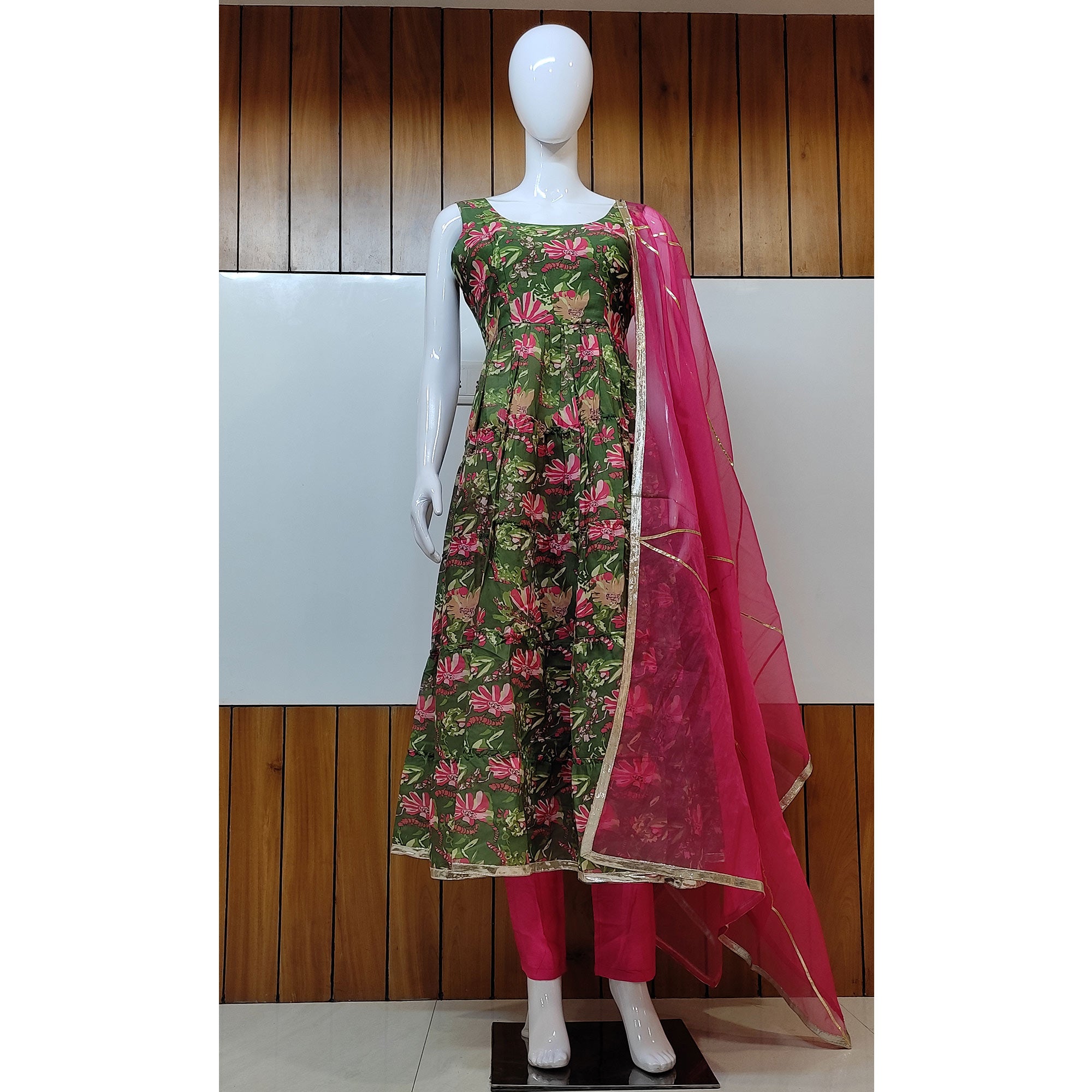 Green Floral Digital Printed Chanderi Anarkali Style Suit