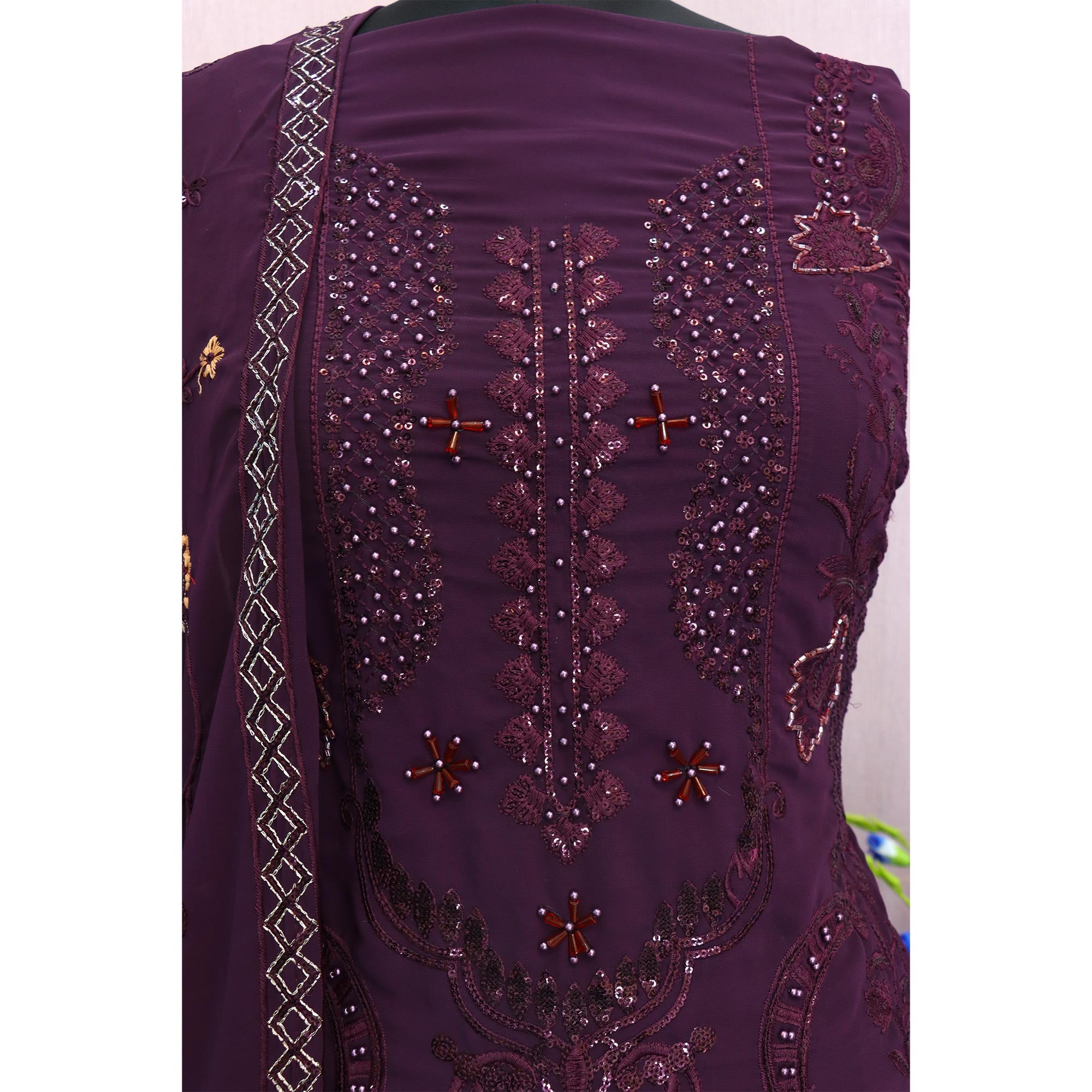 Purple Heavy Embroidered Work Georgette Dress Material