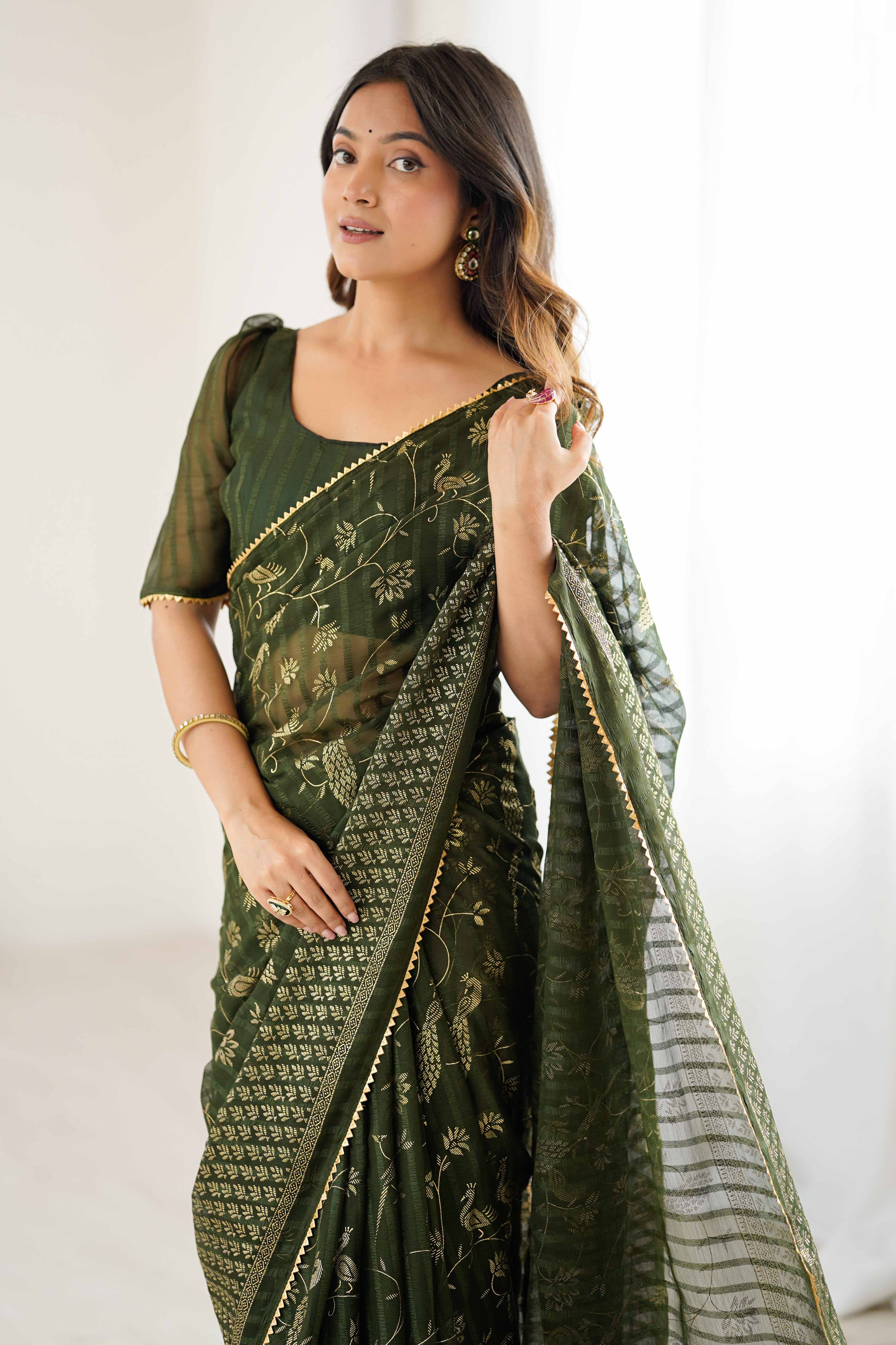 Mehendi Green Georgette Saree with Shimmering Foil Print & Gota Patti Border