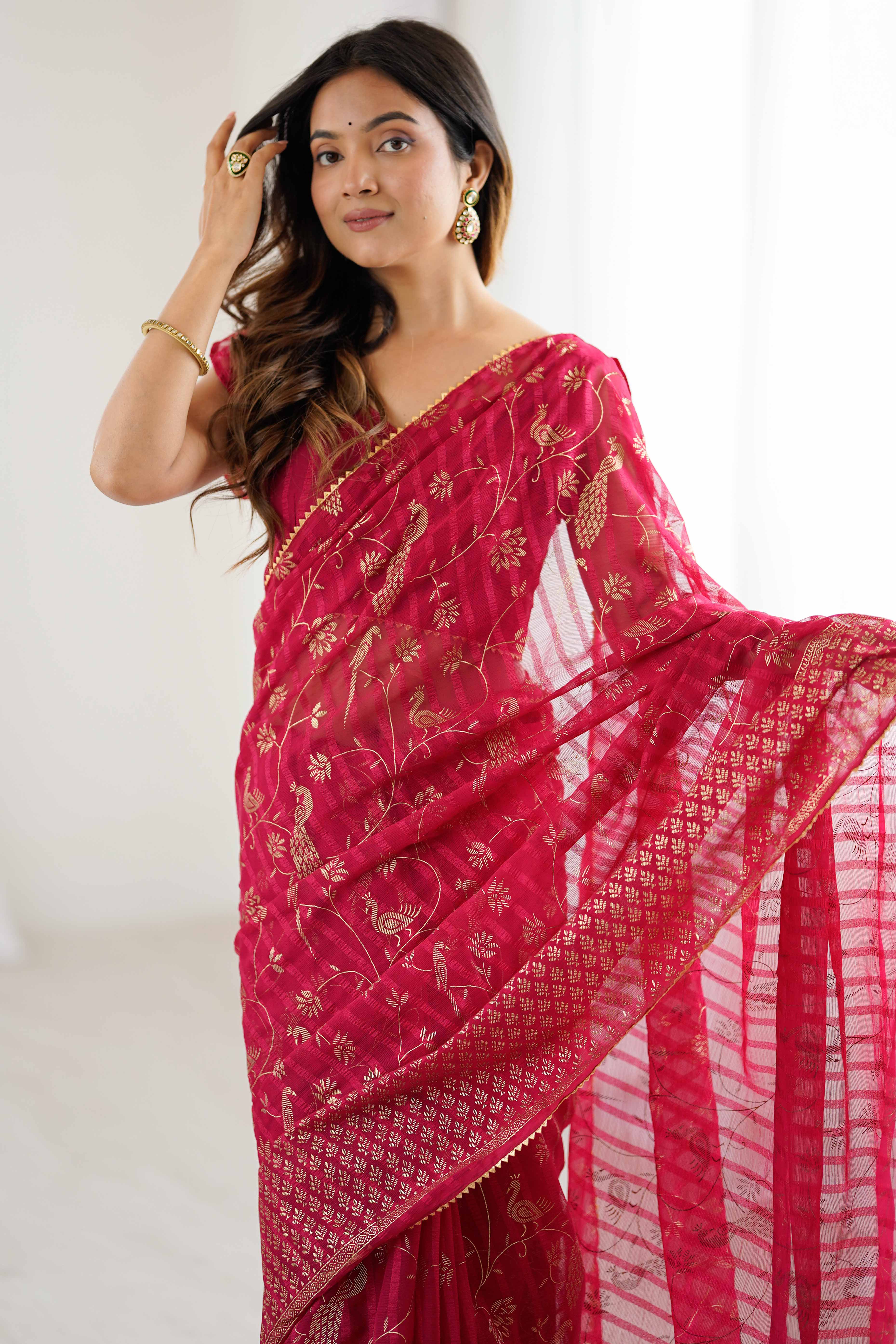 Pink Georgette Saree with Shimmering Foil Print & Gota Patti Border
